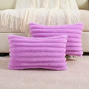 FUTEI Purple Striped Decorative Throw Pillow Covers 12x20 Inch Set of 2,Rectangle Winter Decorations Couch Lumbar Pillowcase,Soft Cozy Faux Rabbit Fur & Velvet Back,Modern Home Decor for Bed