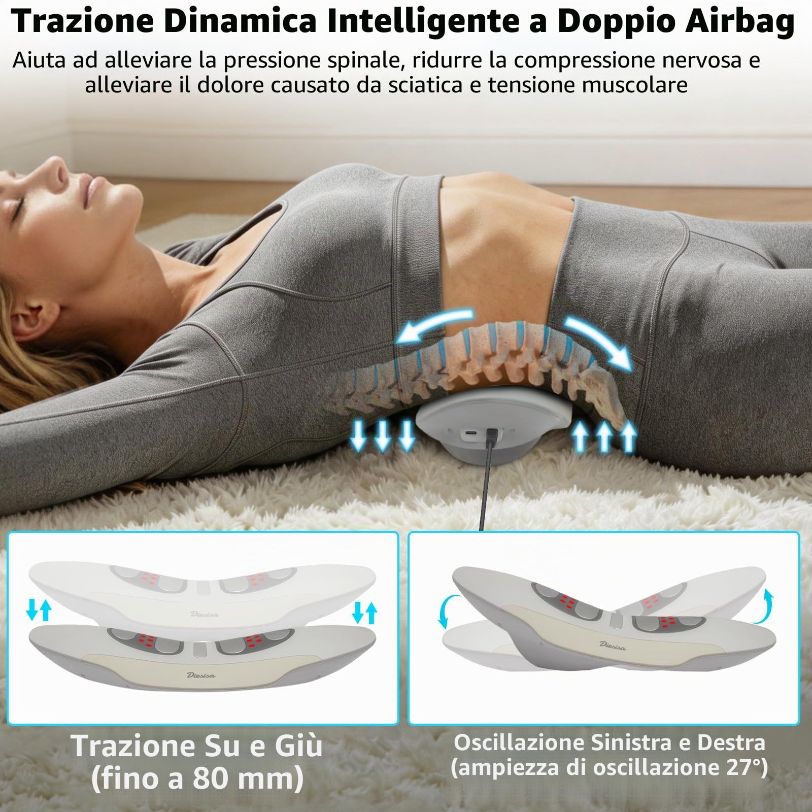Diesisa elettrico Massaggiatore Schiena:Trazione Lombare Massaggio Schiena | Oscillazione Sinistra-Destra - Vibrazione Calore - Ems Massaggio - Massaggiatore Schiena Ricaricabile - Per Uso Domestico