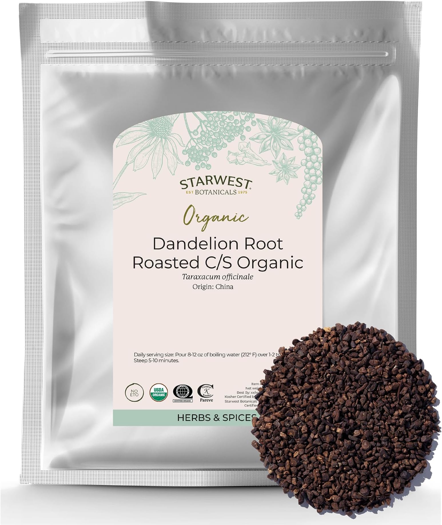 Starwest Botanicals Organic Roasted Dandelion Root - Loose Leaf Herbal Tea, Cut & Sifted, Certified Kosher, Non-GMO, Caffeine-Free - Bulk 1 lb Bag