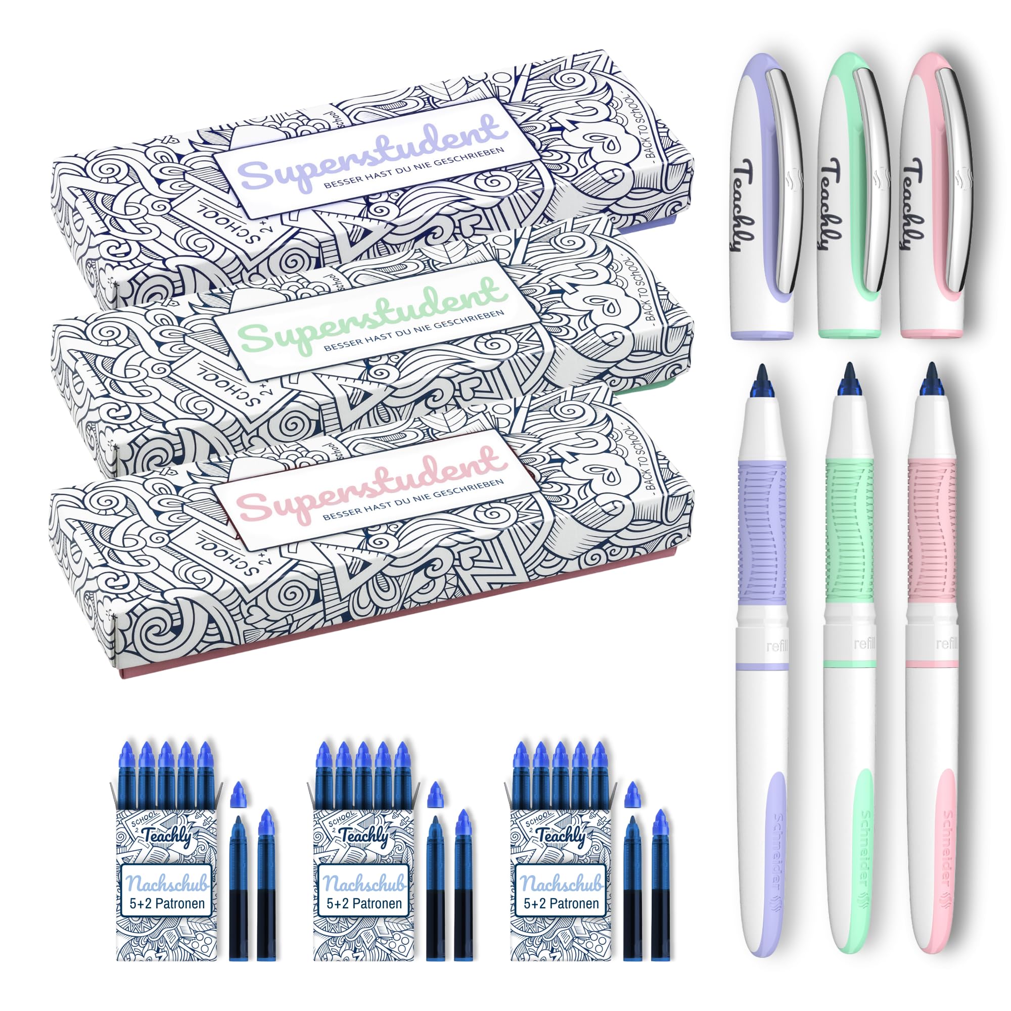 Teachly Bundle 3 x Tintenroller Superstudent (Flieder-, Rosé- & Mint-Set) - Inkl. 7 Tintenpatronen (Blau) je Set