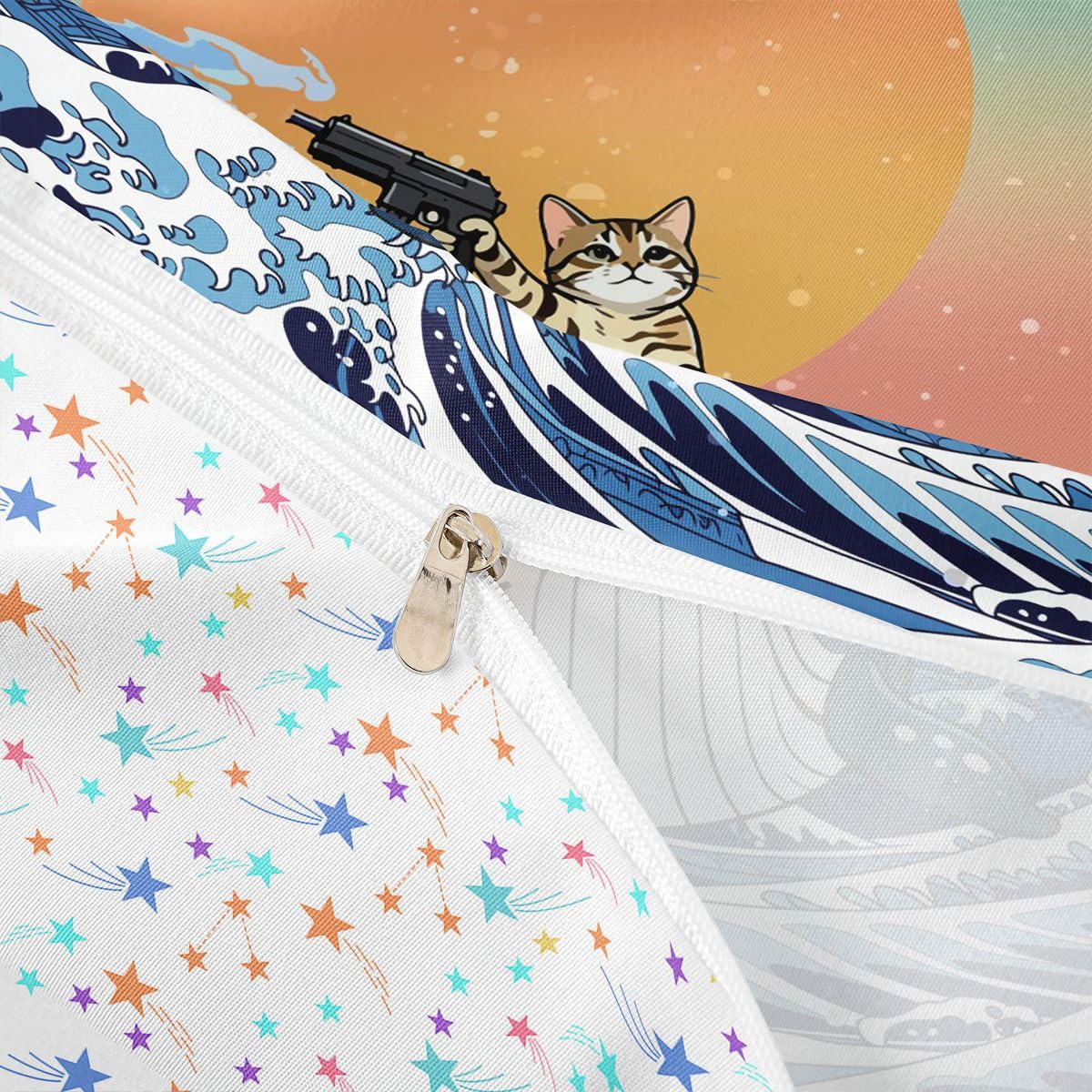 Homewish Whale Beach - Set di biancheria da letto con copripiumino super king size kawaii coraggiosi gatto giapponese acquerello cielo stellato tramonto copripiumino blu oceano onde Ukiyoe set da