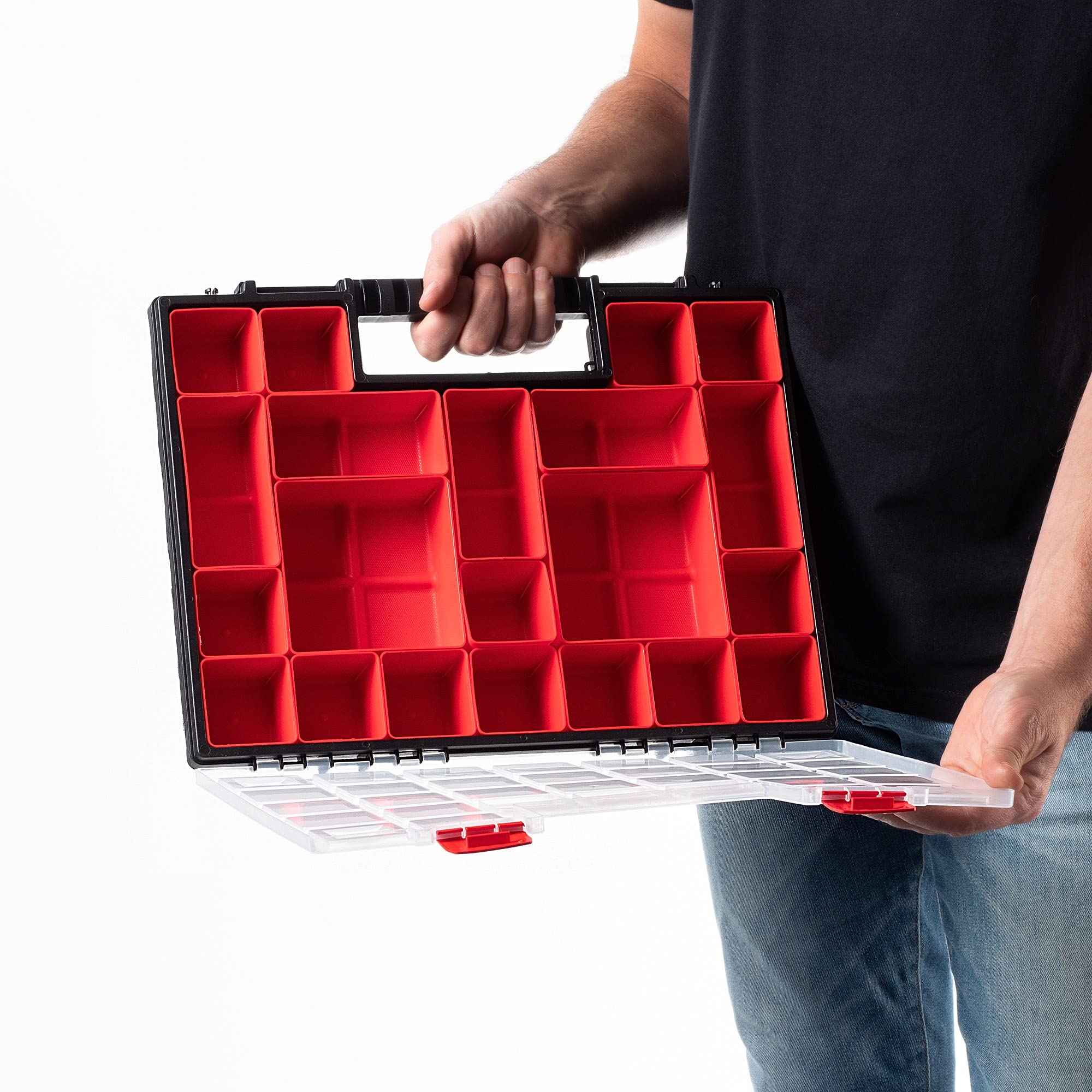 KADAX Organizer con Coperchio Trasparente – Cassetta Porta Minuteria a Scomparti per Viti, Bulloni, Ferramenta, Officina e Garage – Plastica Resistente (40 x 30 cm, 12 Pezzi)