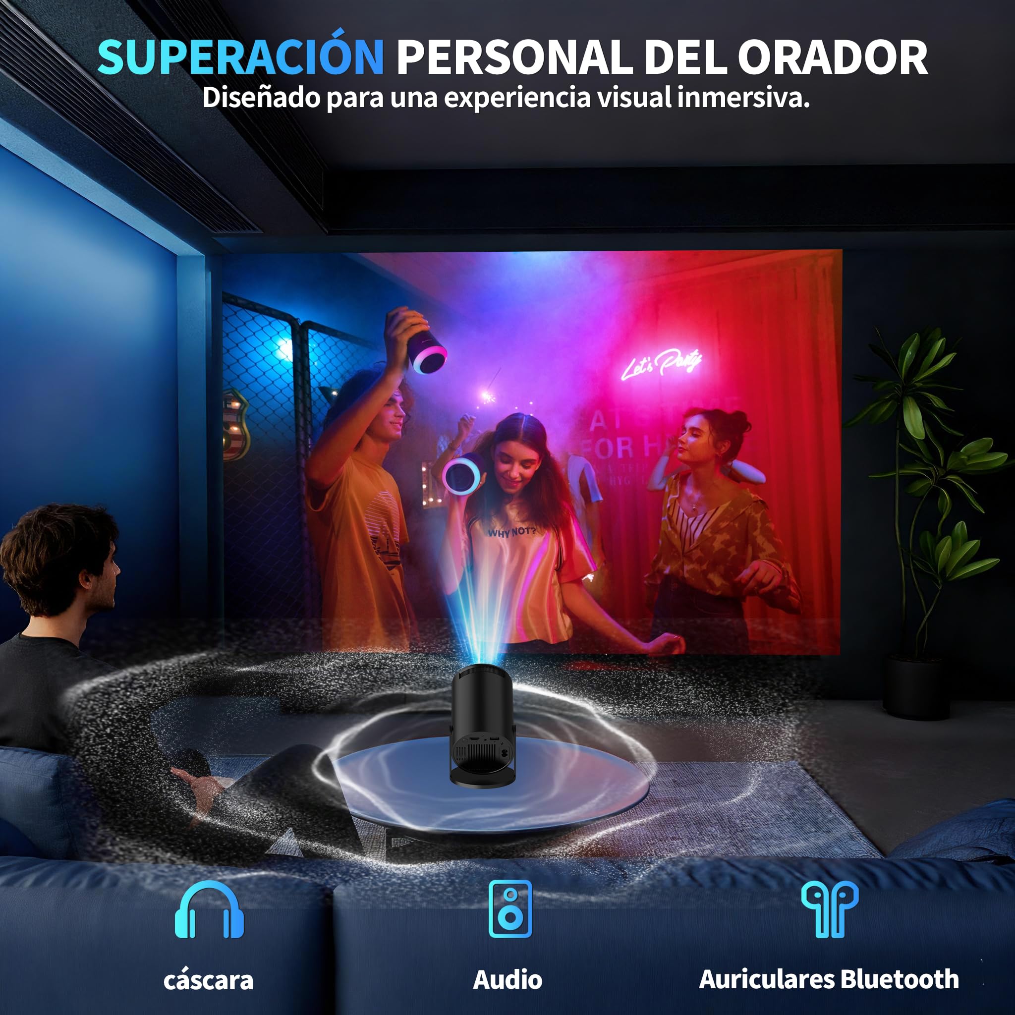 [2026 App Integrada] Mini Proyector 4K Support 1080p con WiFi 6 y Bluetooth 5.2 Proyector portátil con Enfoque automático y corrección Trapezoidal Compatibile con TV Stick/USB/PS5/Laptop,Negro