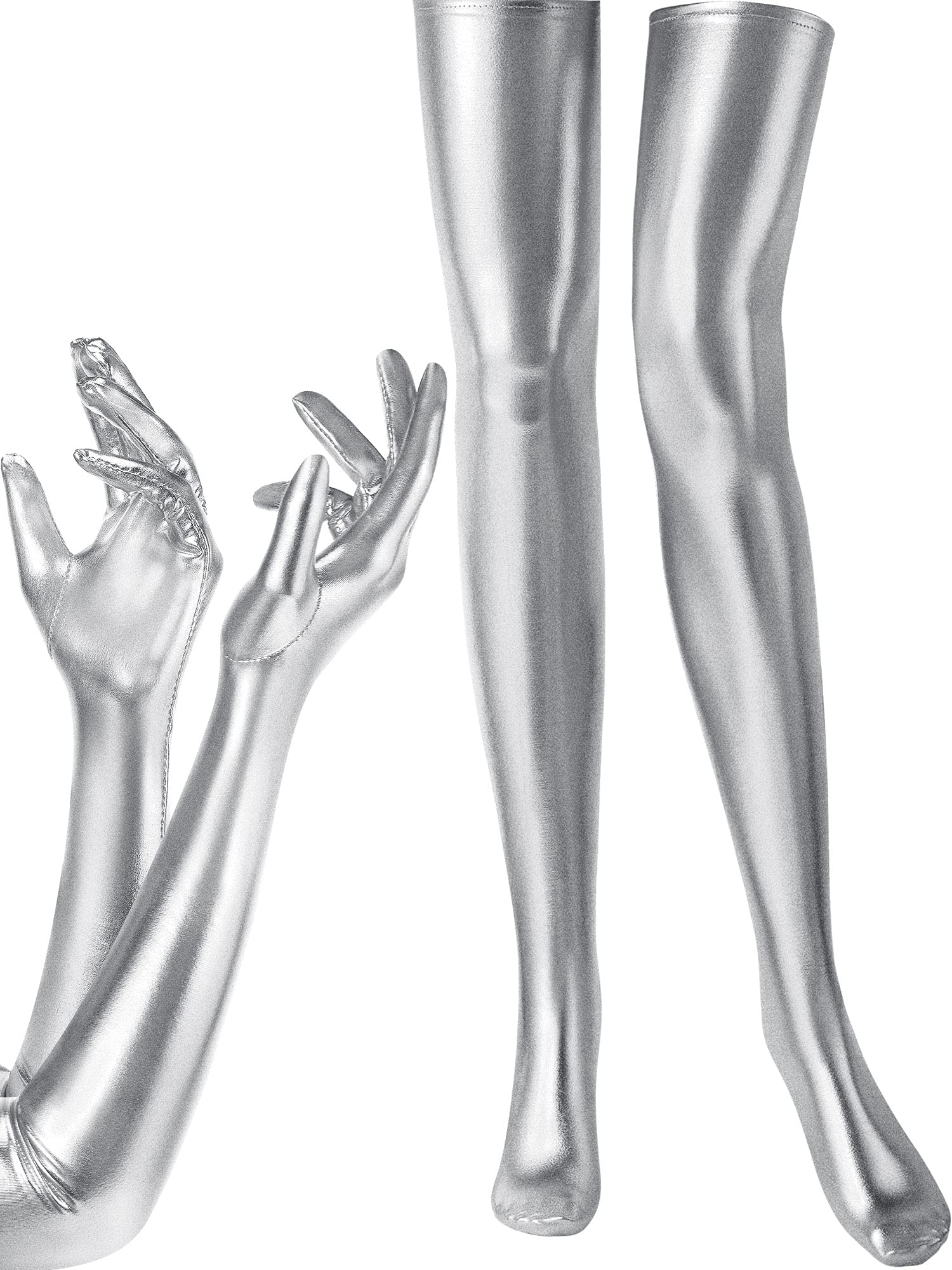 SATINIOR Women's Carnival Halloween Costume Elastic Spandex Shiny Wet Long Gloves and Thigh High Stockings: Silver