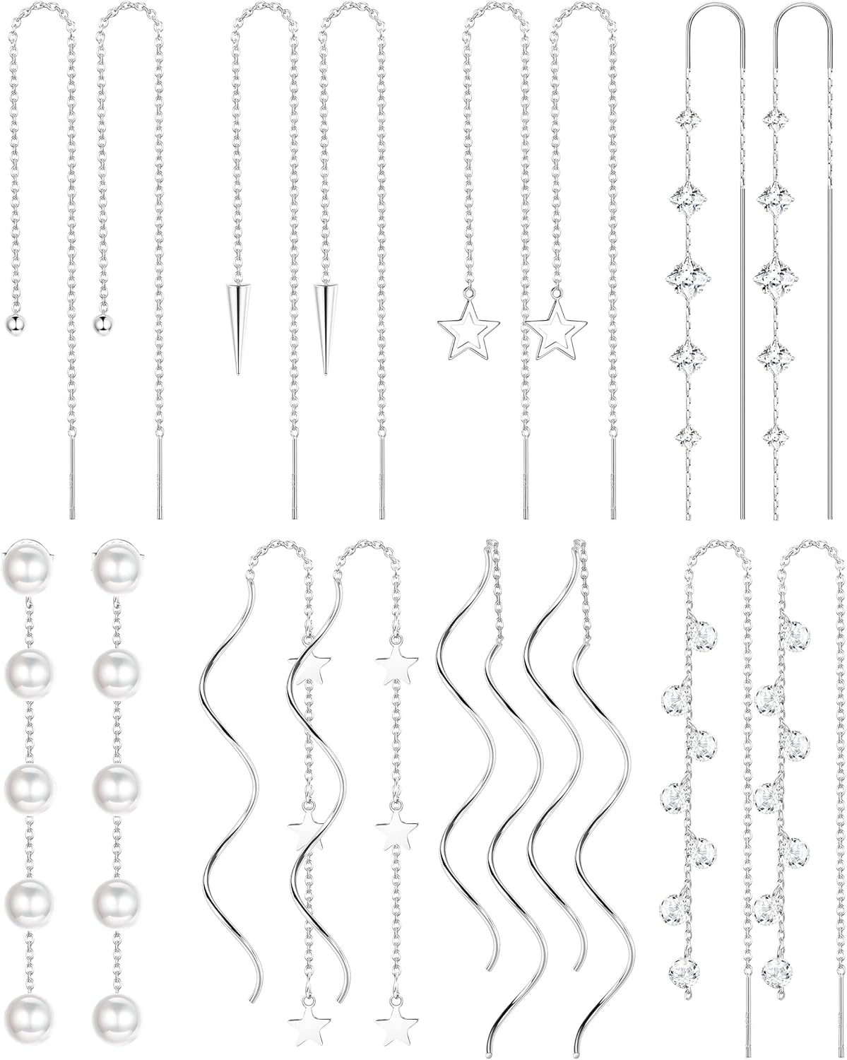 HAIAISO 8 Pairs Threader Dangle Earrings for Women 316L Stainless Steel Chain Tassel Earring Lightweight Double Twist Wave Threader Drop Earring Long Chain Earrings Set