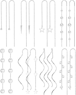 8 Pairs Threader Dangle Earrings for Women 316L Stainless Steel Chain Tassel Earrings Lightweight Double Twist Wave Threader Drop Earrings Long Chain Earrings Set