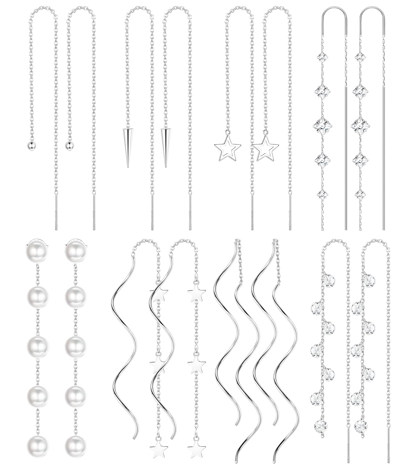 HAIAISO 8 Pairs Threader Dangle Earrings for Women 316L Stainless Steel Chain Tassel Earring Lightweight Double Twist Wave