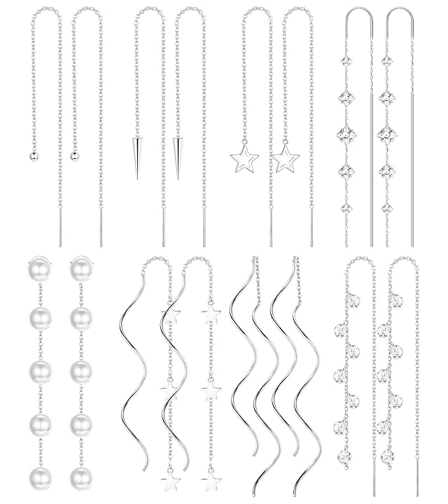 HAIAISO 8 Pairs Threader Dangle Earrings for Women 316L Stainless Steel Chain Tassel Earring Lightweight Double Twist Wave