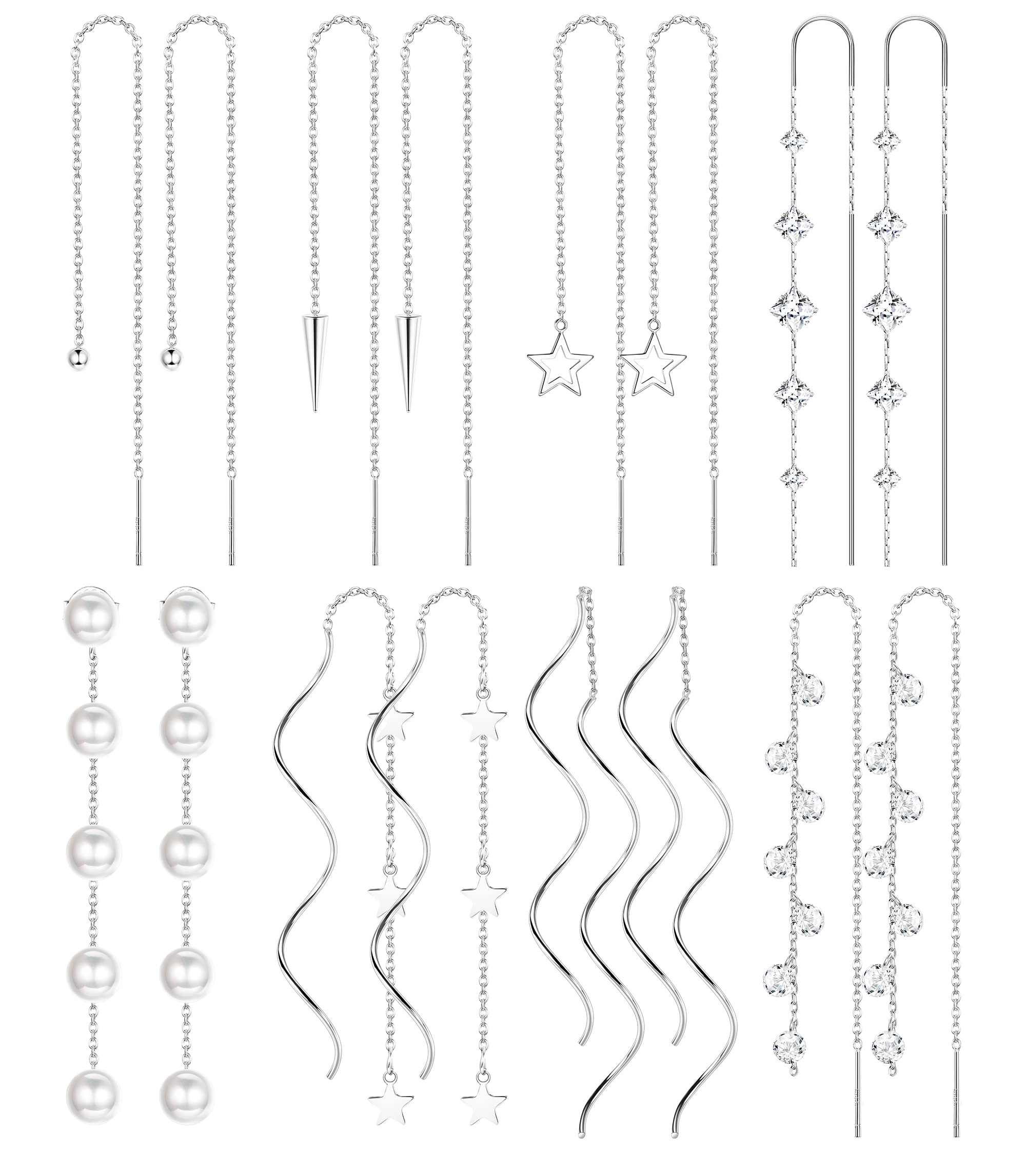 HAIAISO 8 Pairs Threader Dangle Earrings for Women 316L Stainless Steel Chain Tassel Earring Lightweight Double Twist Wave