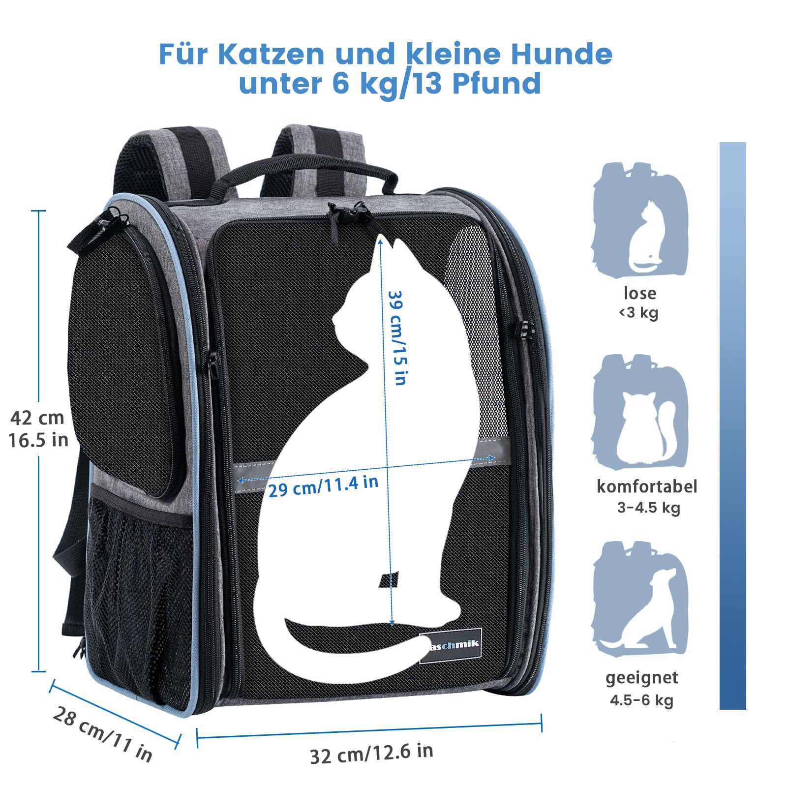 Katzenrucksack Hunderucksack für Katzen Hunde bis 6kg, Katzen Rucksack erweiterbar Hunde Rucksack Faltbare Haustier Rucksack, Grau