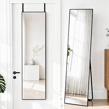 NARCISSUS Full Length Mirror 57x16 Inch, Over The Door Mirror with Stand, Wall Mounted or Freestanding/Door Hanging Full Body, Aluminum Alloy Frame, Black