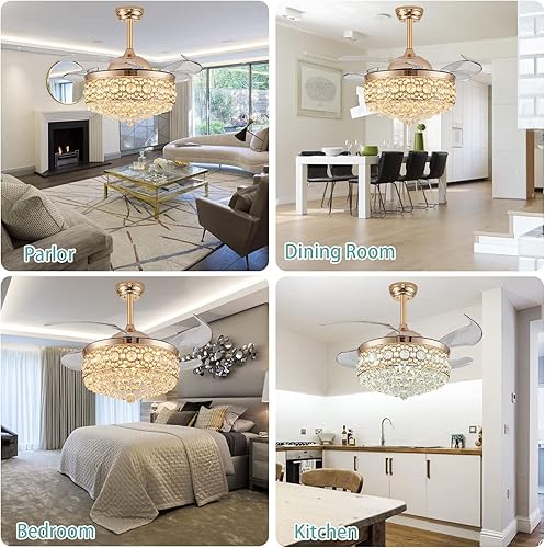 Miniatura 6 de Ventilador de techo de cristal regulable de 48 pulgadas con luces y control remoto, lámpara retráctil invisible para dormitorio, sala de estar,