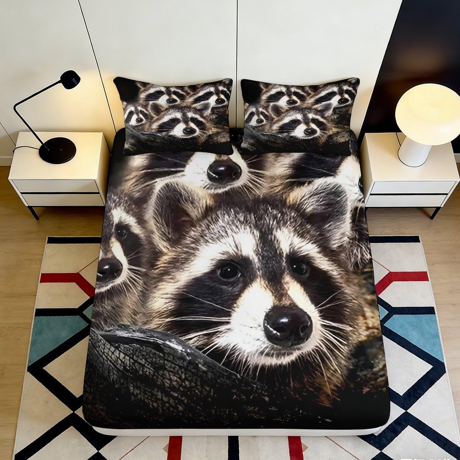3D Printed Raccoon Pattern Fitted Sheet Microfiber Deep Pocket Non-Slip Bedroom Bedding Raccoon Mattress Fitted Cover for Adults Washable 90x200x25cm