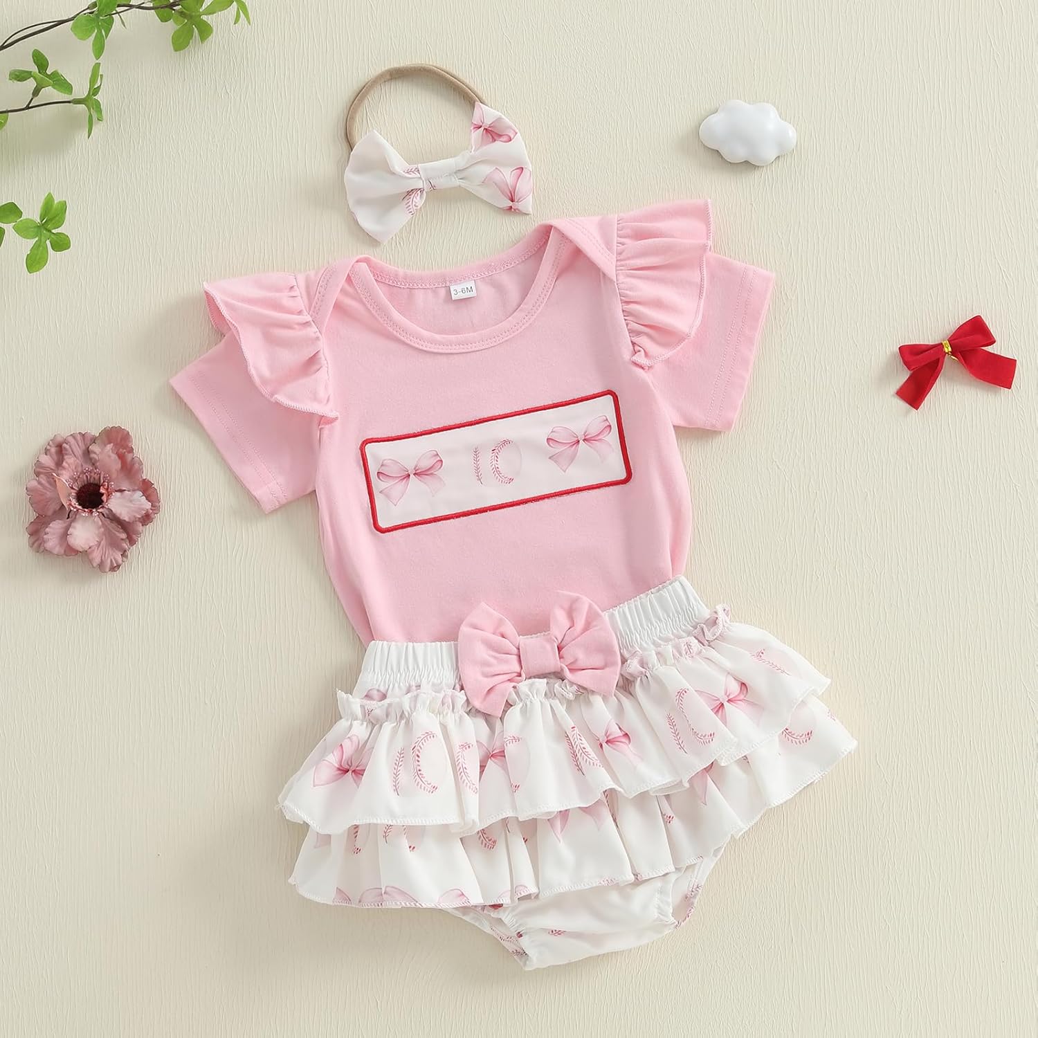 Baby Girl Baseball Outfit Ruffle Short Sleeve Bubble Romper Bow Plaid Tutu Skirt Newborn Summer Clothes Headband 0-18M - Image 2