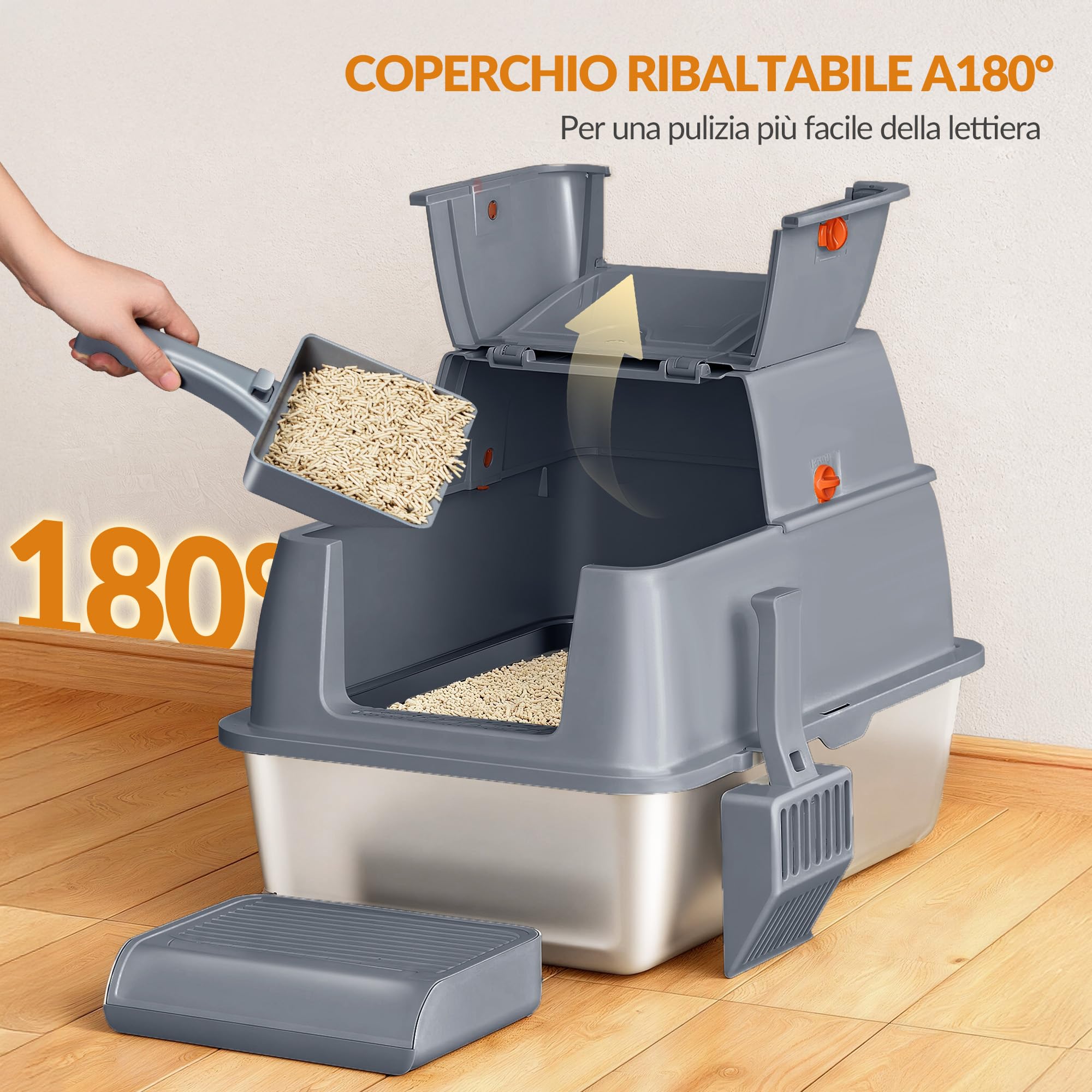 Lettiera Acciaio Inox Gatto XXL, 61 x 41 x 40 cm, Grigio Scuro | Lettiera Gatto Chiusa con Coperchio, Coperchio Incernierato a 180°, Pedale e Paletta, Facile da Pulire, Design Modulare