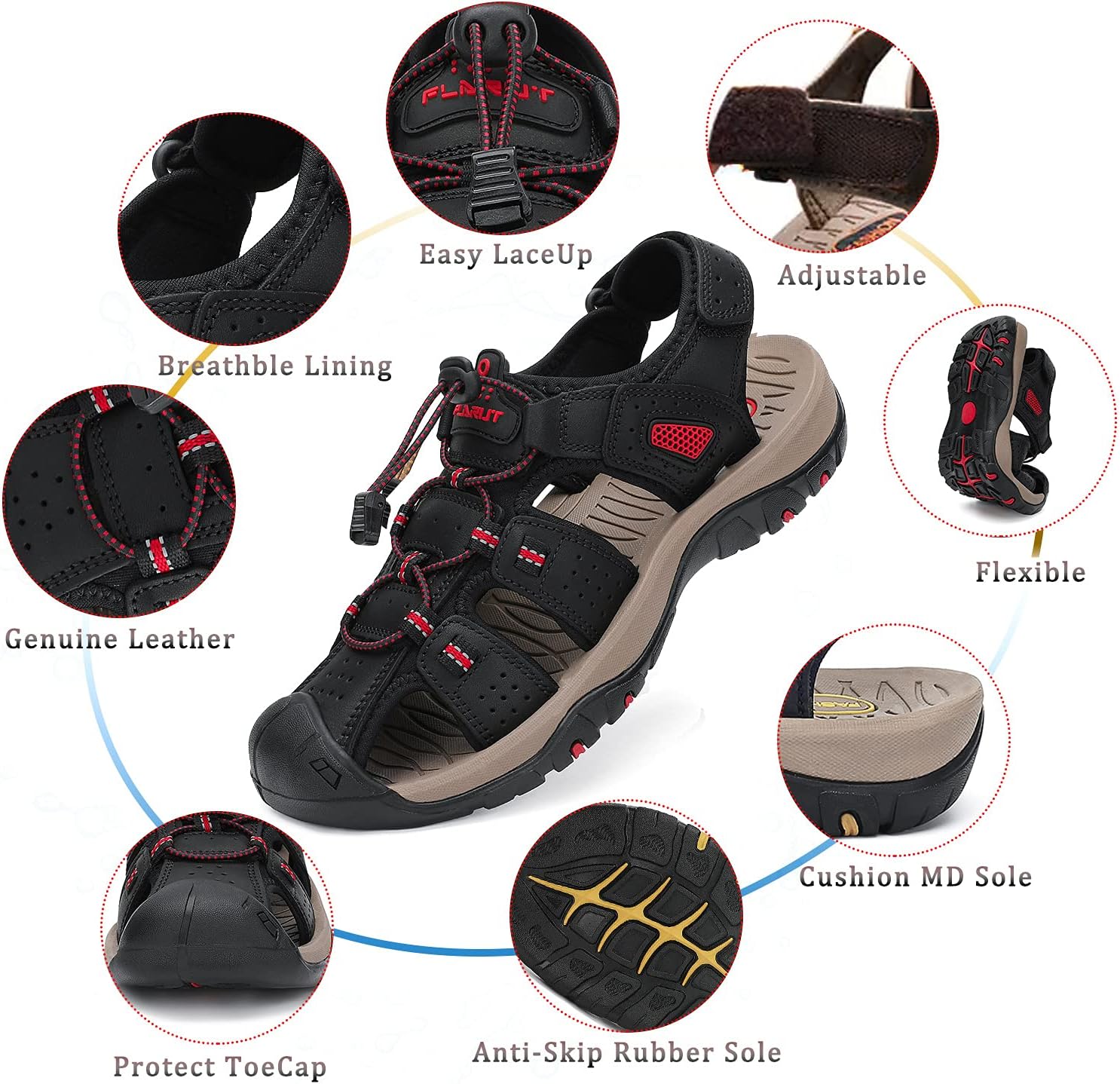 FLARUT Men's Sport Sandals Outdoor Hiking Sandals Closed Toe Leather Athletic Lightweight Trail Walking Casual Sandals Water Shoes - Image 2