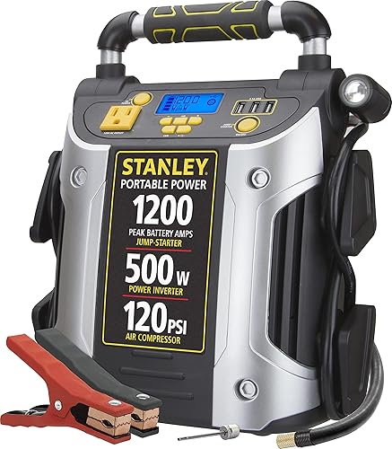 STANLEY J5CPD - Arrancador digital portátil de 1200 pico600 amperios instantáneos, inversor de 500 W, compresor de aire de 120 psi, puertos USB de