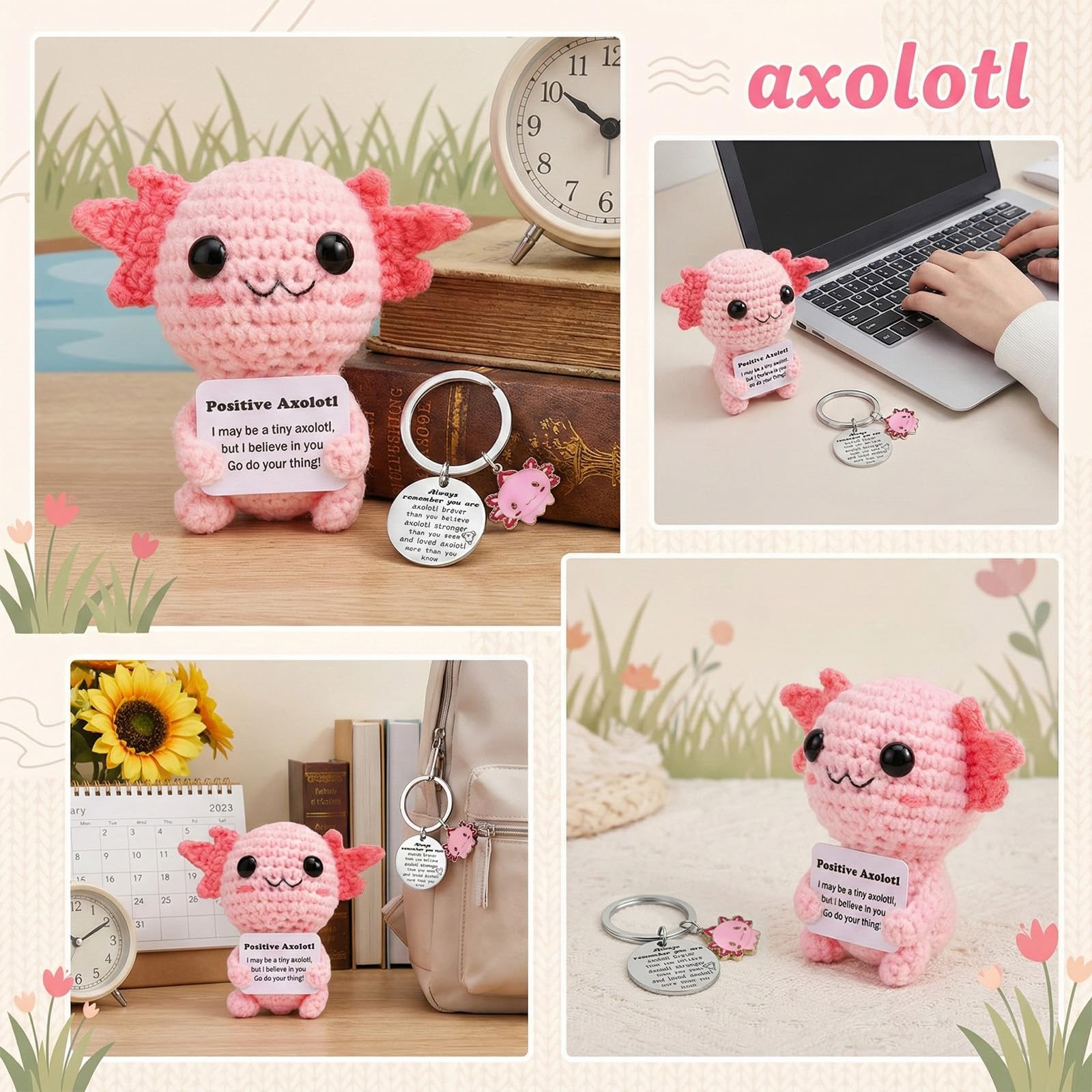 Rudfovn 2 Pcs Positive Axolotl with Keychain, Pink Cute Funny Handmade Crochet Doll Emotional Support Gifts - Image 4