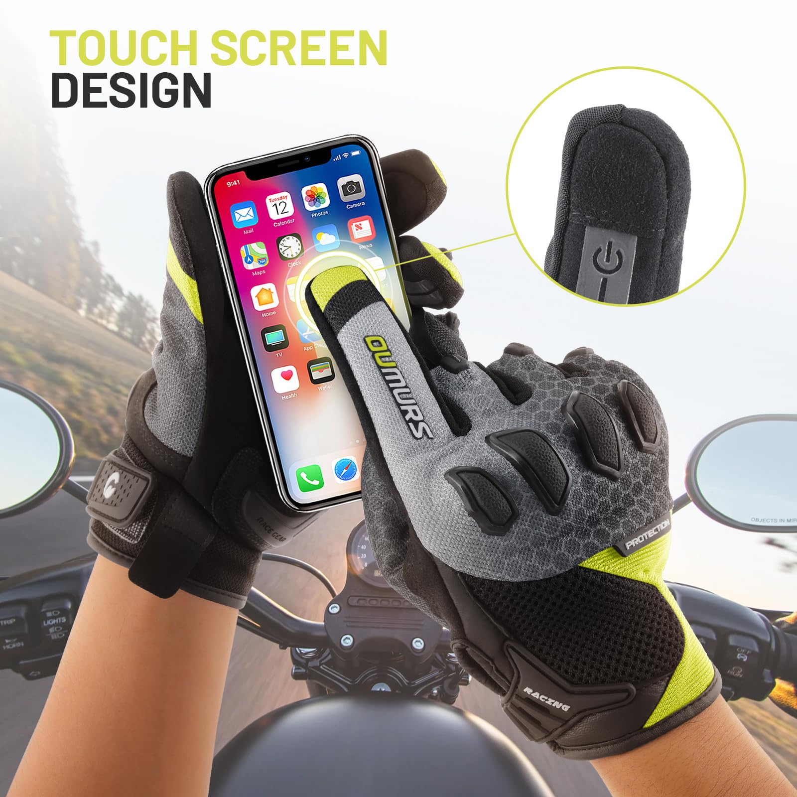 Oumurs Motorcycle Gloves for Men, Touchscreen Cycling Gloves for Outdoor Sports On-Road/Off-Road/Mountain Motorcycle Motorcross Motorbike Dirt Bike Bicycle Racing ATV UTV, Yellow, XL