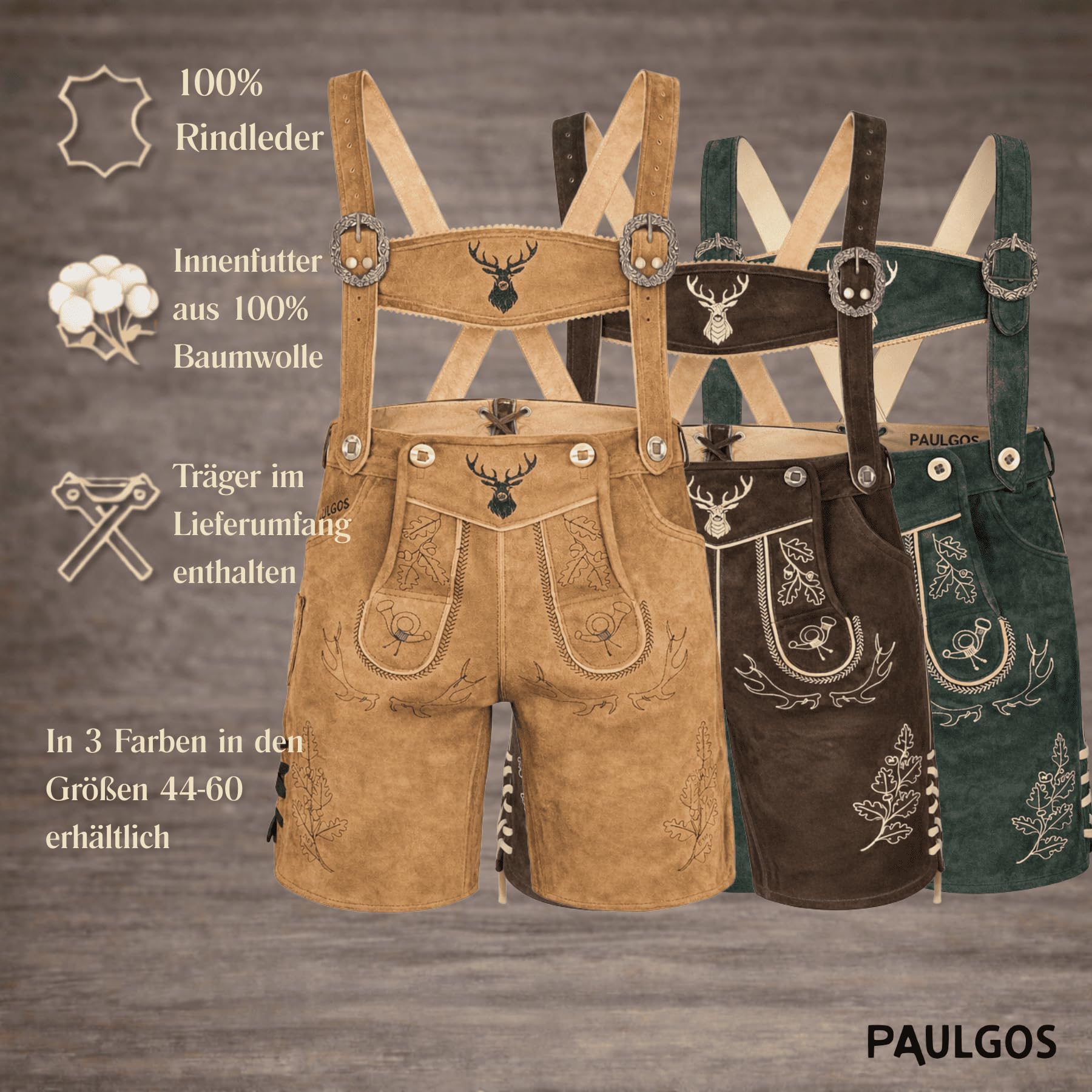 Herren Trachten Lederhose HK5 + Träger, Echtes Leder, Gr. 44-60