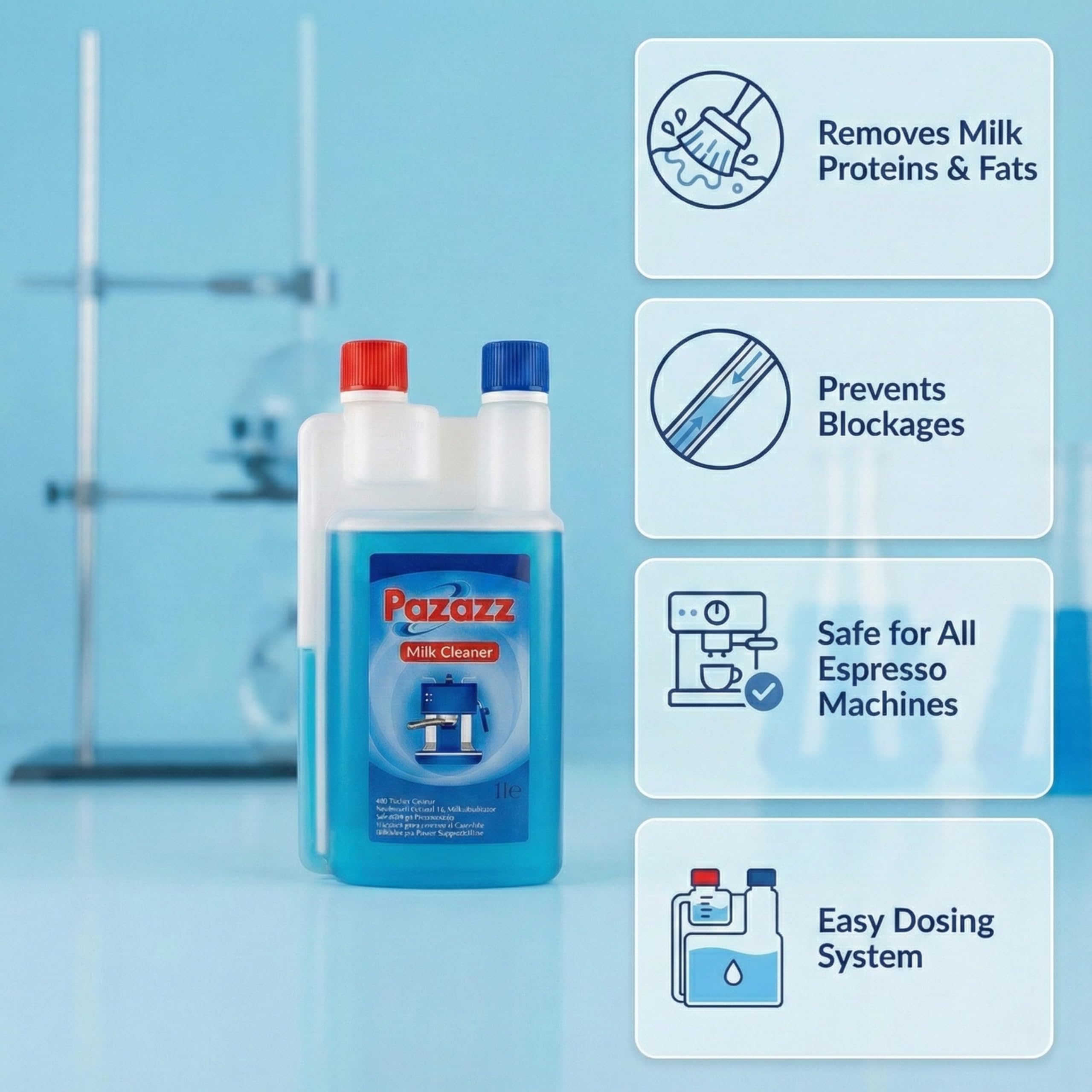 PAZAZZ Detergente per Montalatte – Liquido per Macchine da Caffè ed Espresso – Rimuove i Residui di Latte – Uso Domestico e Professionale – 1000ml – Confezione da 12