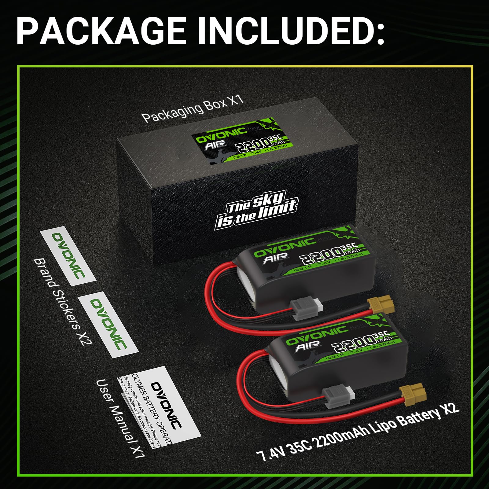 OVONIC Batteria 2S Lipo 35C 2200mAh 7,4V con spina XT60 per elicottero aereo specifico per aereo 1:14 RC Car RC (2PCS)