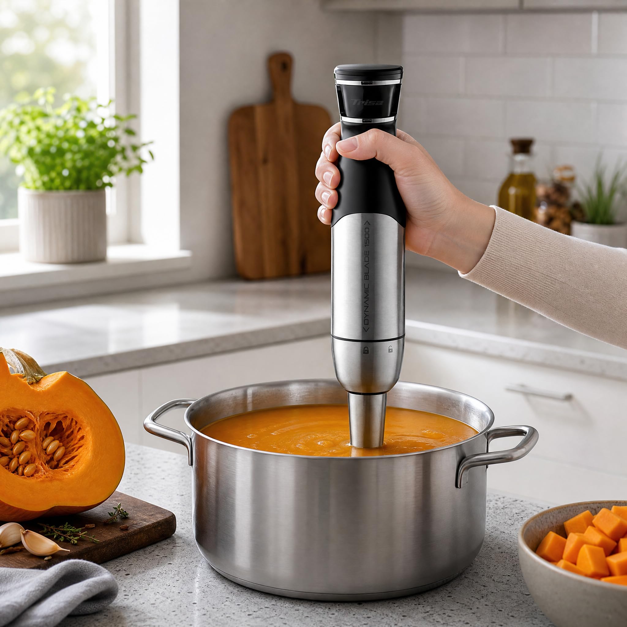 Trisa Batidora de inmersión, 4 en 1 batidora eléctrica, 1500 W, velocidades continuas, acero inoxidable, batidor, trituradora de 500 ml y vaso medidor de 700 ml para alimentos para bebés