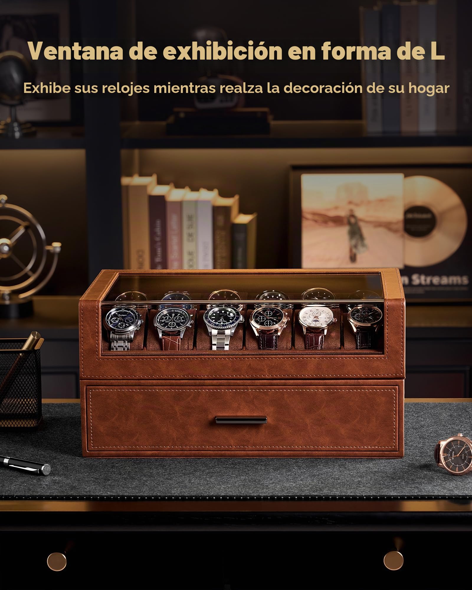 ProCase Caja de Reloj con 12 Ranuras con Tapa Transparente, Caja de Reloj de Cuero PU para Hombre con Cajón, Caja de Almacenamiento de Reloj para Hombre -Marrón | Organizador de relojes y joyas de piel sintética de gran capacidad con tapa acrílica y cajón