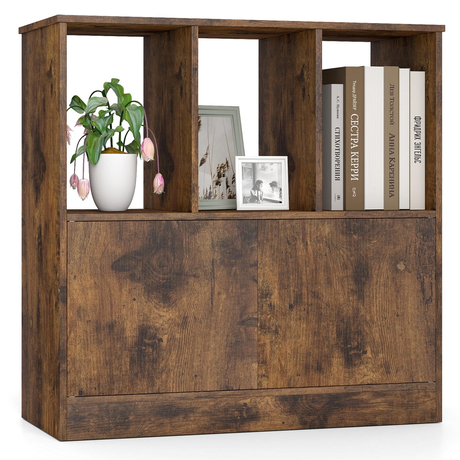 COSTWAY 3-Cube Bookcase with Doors, Modern Bookshelf Open Storage Organizer Unit, Freestanding Cupboard Book Shelf for Home Office, Study and Living Room (Rustic Brown)