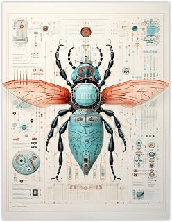 Artery8 Housefly Bluebottle Robot Hybrid Schematic Blueprint Futuristic Secret Complex Arcane Manuscript Gift For Him Man Cave Unframed Wall Art Print Poster Home Decor Premium