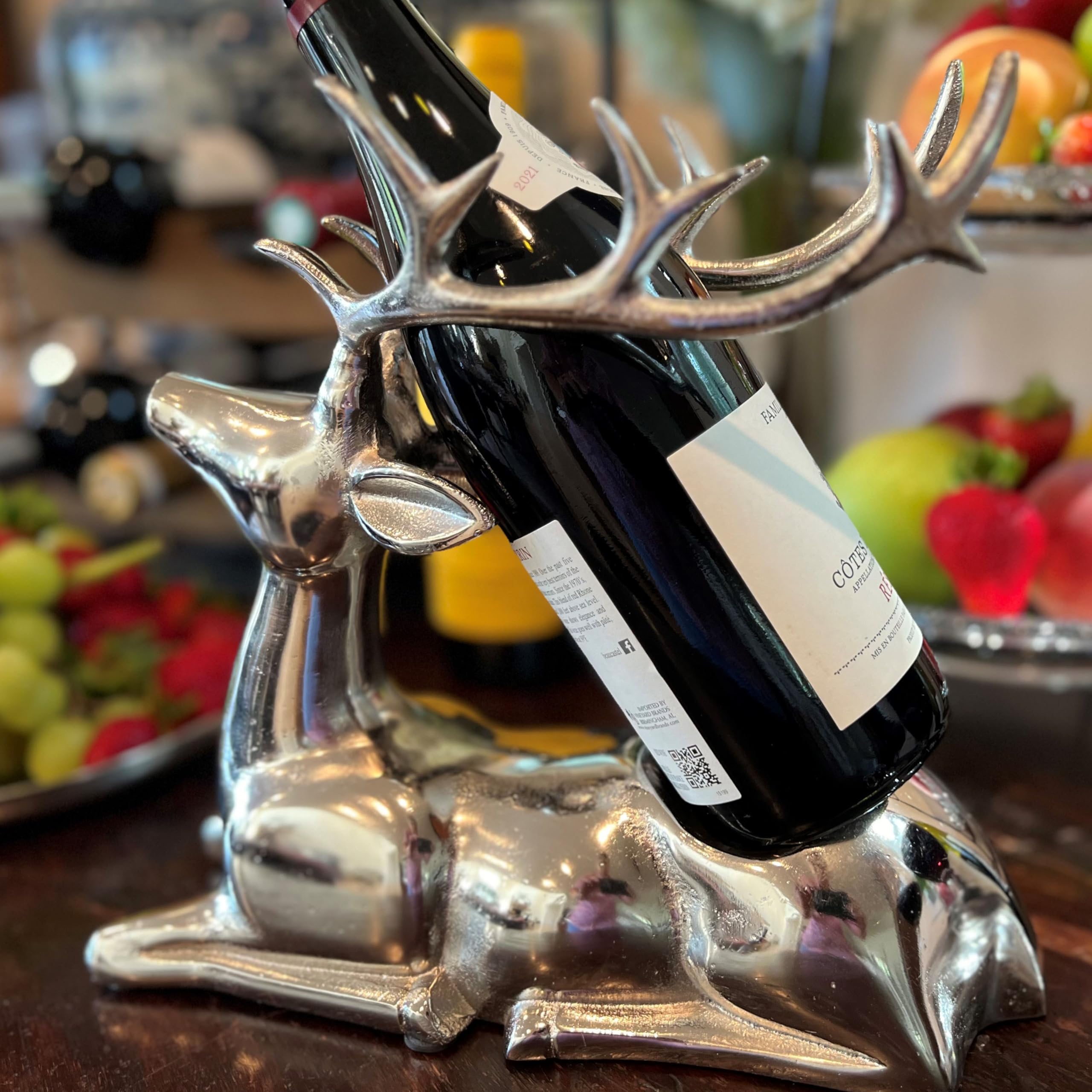 Recumbent Deer Wine Holder, Estante de exhibición de una sola botella, plata, níquel de aluminio fundido a mano, 11.75 pulgadas de largo 8