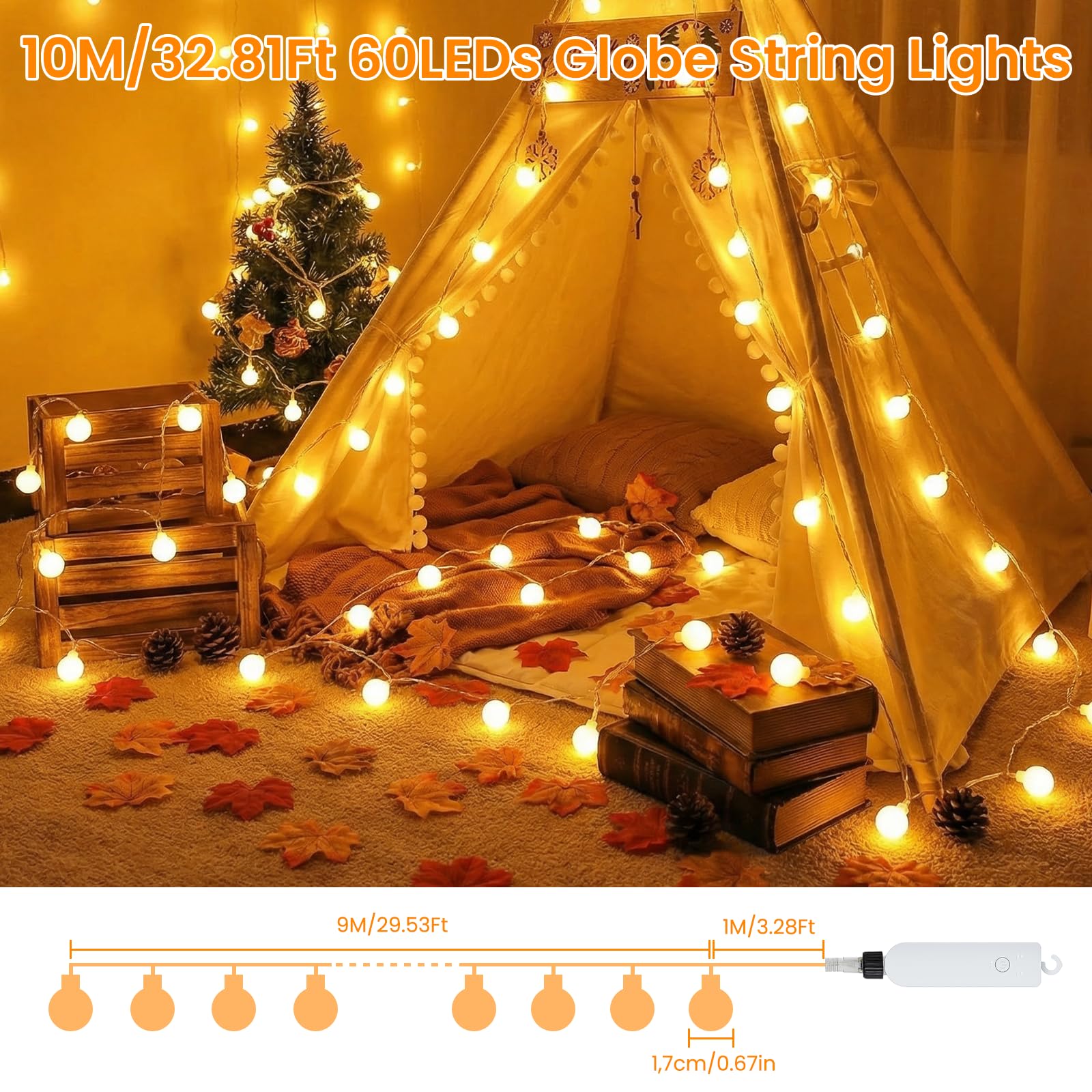 Giliwosy Catena Luminosa Esterno Interno, 60LEDs 10M Luci LED a Batteria con USB 8 Modalità FunZione Timer IP65 Impermeabile, Lucine LED Decorative per Balcone Giardino Feste Camera Campeggio Natale - 5