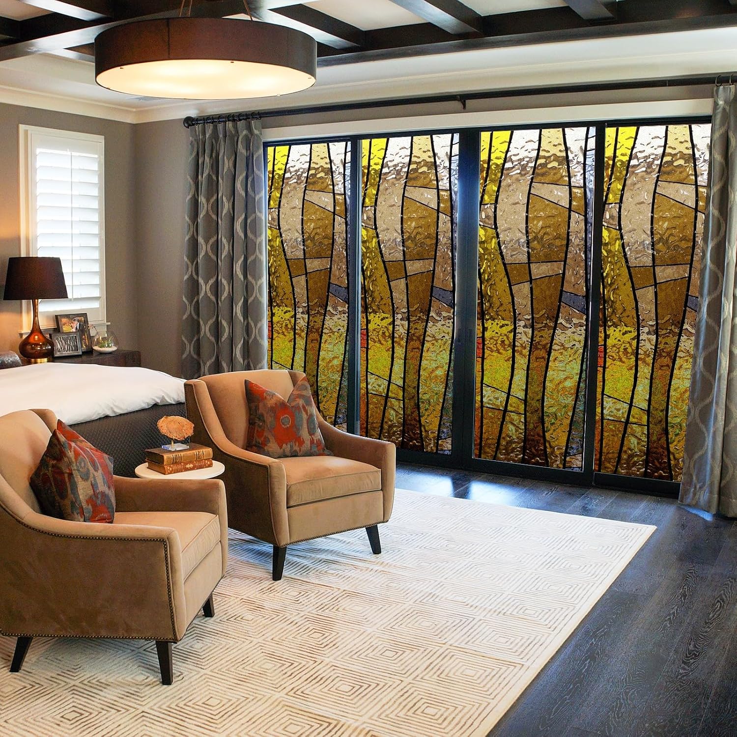 Window Privacy Film Retro Stained Glasses Yellow Decorative Frosted Window Film Stickers for Glass Door Bathroom Window Coverings Film 23.6'' x 78.7 ''
