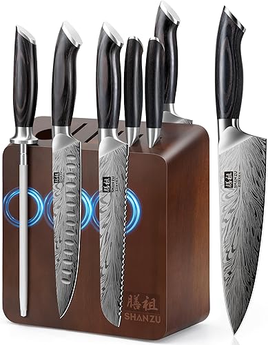 Miniatura 1 de SHAN ZU Juego de cuchillos de cocina con bloque magnético de doble cara, 7 cuchillos de acero en polvo, juegos de cuchillos japoneses ultra afilados