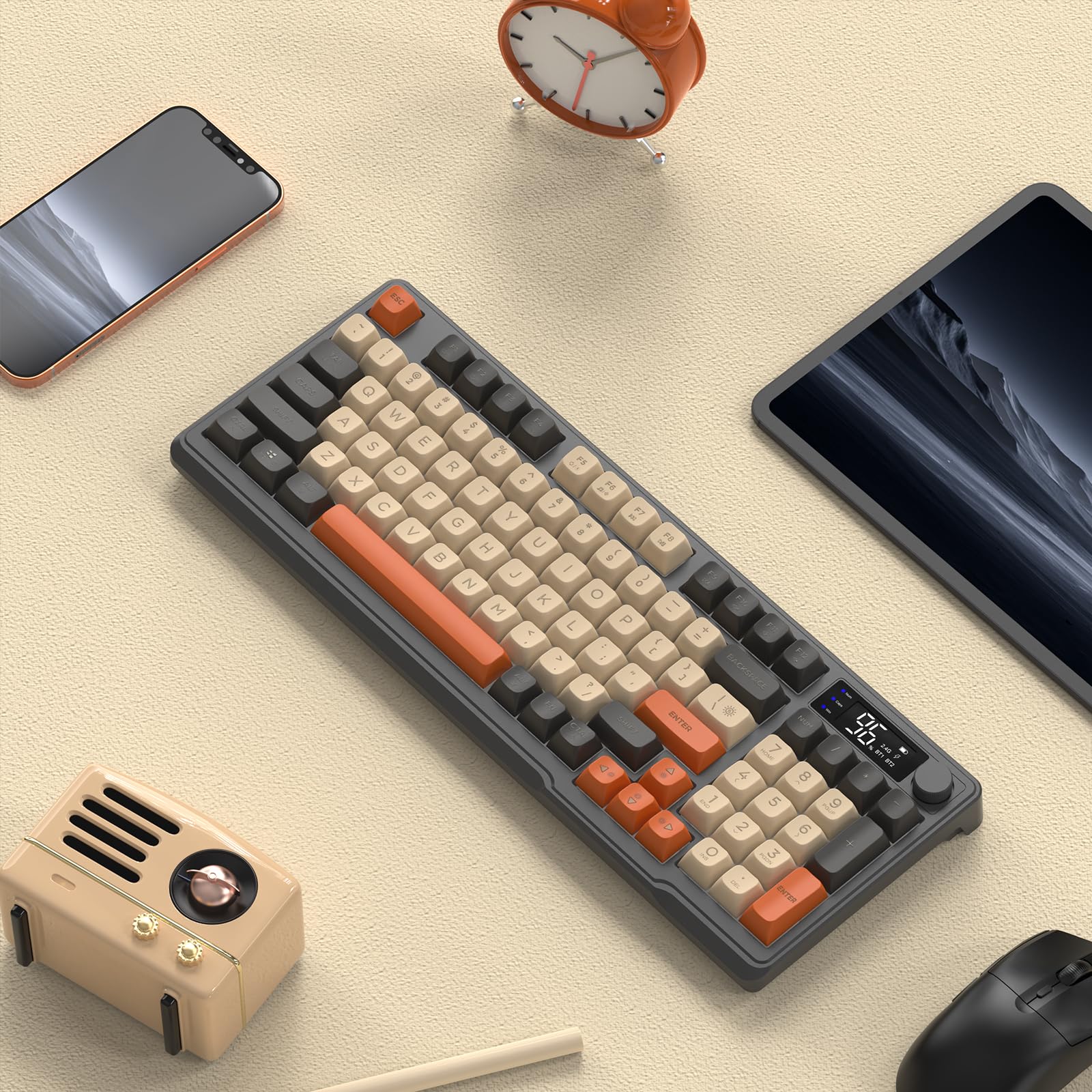 FREEWOLF M96 Tastiera Da Gioco Wireless, Controllo Tramite Manopola Bluetooth/Tastiera Wireless 2.4G, Retroilluminazione a LED RGB con Schermo, Copritasto PBT, 3000mAh, Layout USA QWERTY - Luccichio