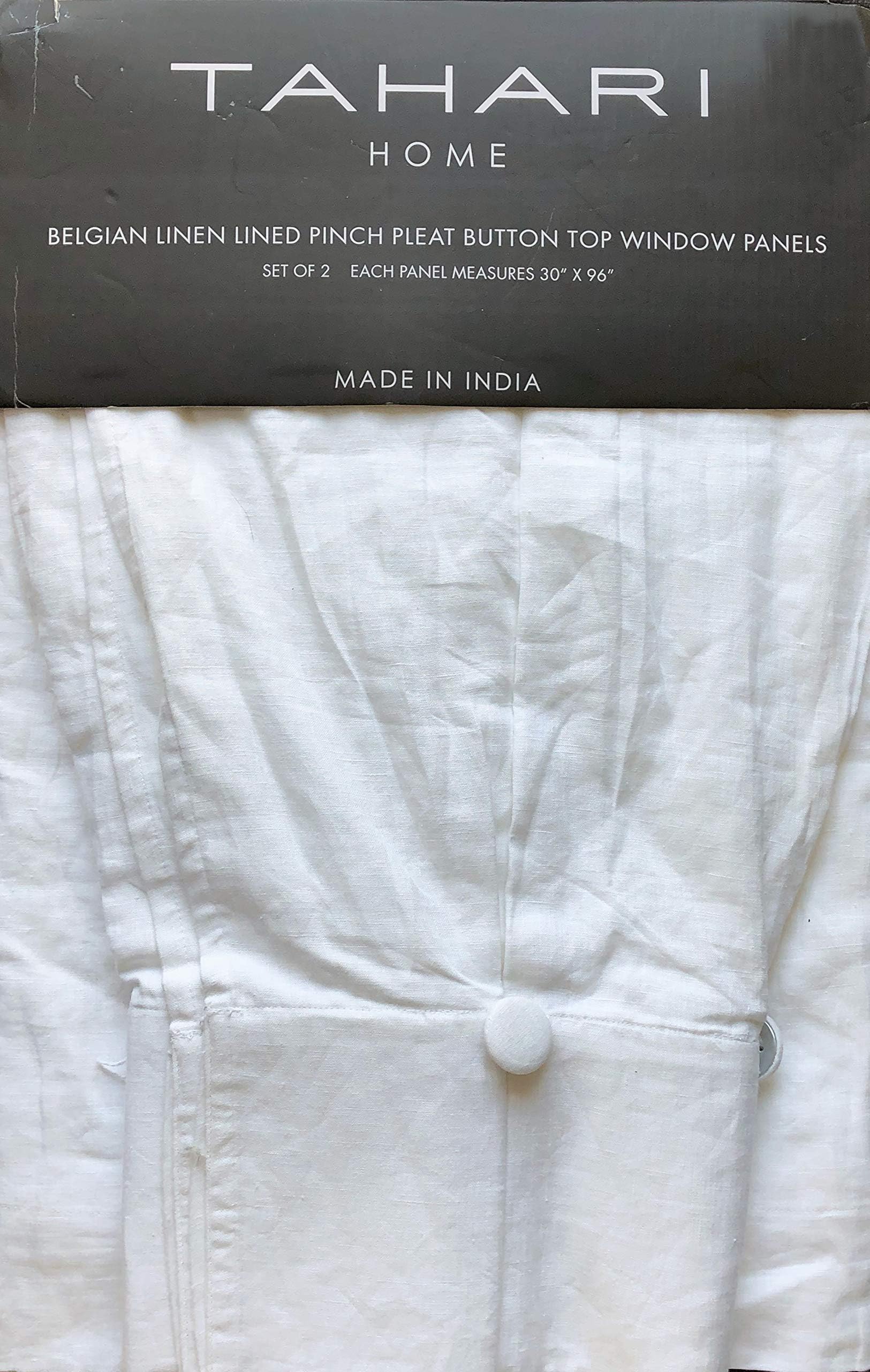 Tahari Elegant Belgian Linen Lined Pinch Pleat Button Top Window Curtains Solid White Set of 2 Panels Draperies - 30 Inches by 96 Inches