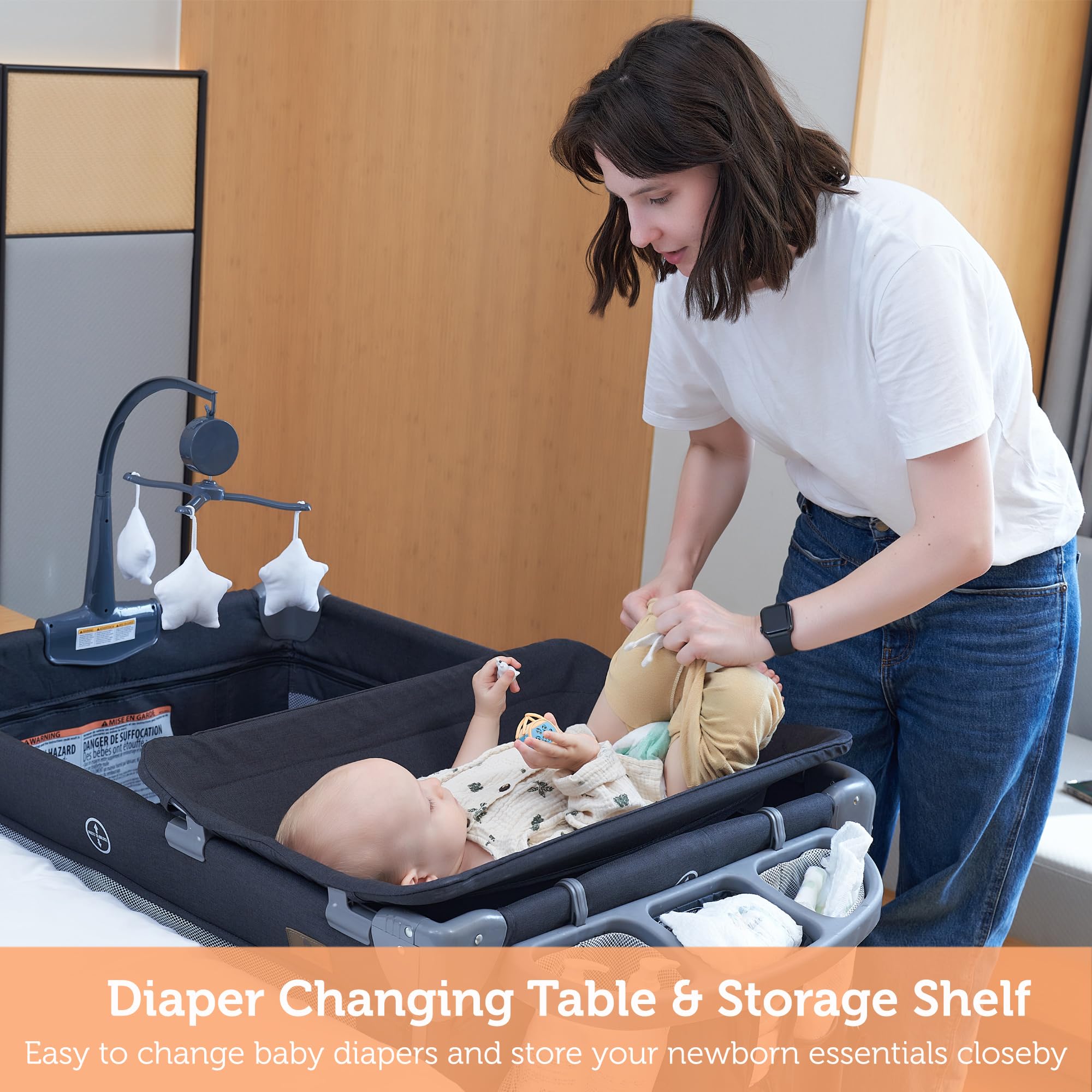 Cama de noche 5 en 1 para bebé, para empacar y jugar con moisés y colchón, cuna portátil con almacenamiento, corral con moisés desde recién nacidos hasta niños pequeños (gris oscuro) (gris 4