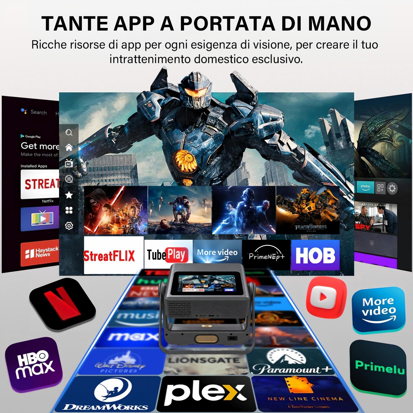 Proiettore Smart Compatibile 4K, Videoproiettore Full HD 1080P con Touchscreen, Doppio Display, 1200 ANSI, Autofocus, WiFi 6 Bluetooth, 1000+ App, Audio 25W per Home Cinema Camera Grigio
