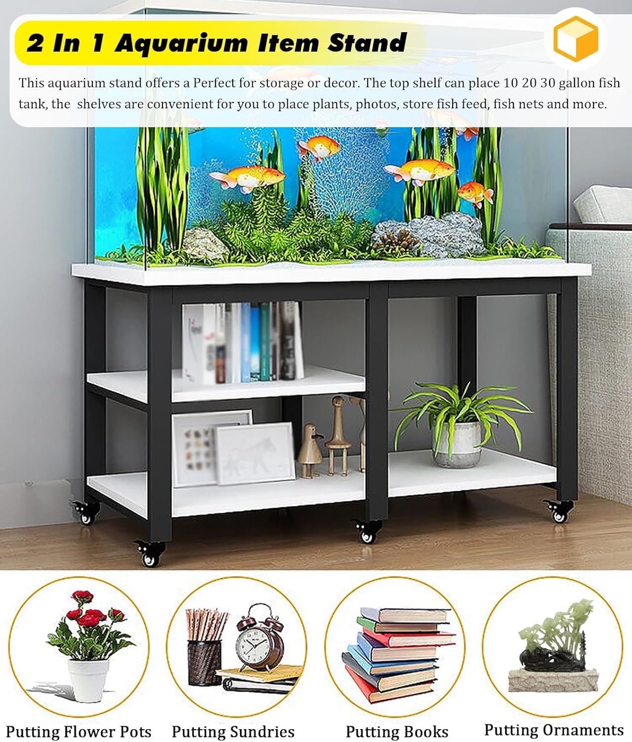 Heavy-Duty Aquarium Stand with Wheels & Wood Panel, Anti-Rust Storage Rack for Fish Tanks, Ideal for Turtle Breeders & Aquarium Enthusiasts, Sturdy Fish Tank Cabinet