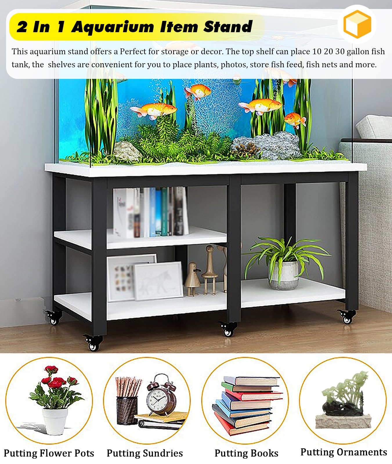 Mobiletto portaoggetti per Acquario Resistente con Ruote girevoli e Pannello in Legno, scaffale antiruggine per acquari, Perfetto per allevatori di Tartarughe e acquariofili