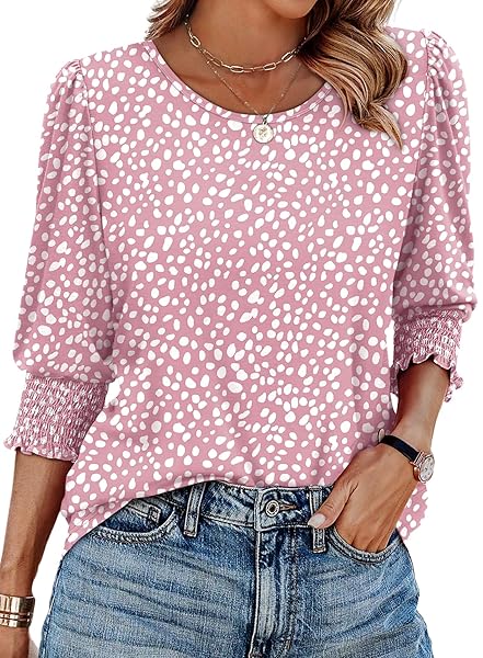 XIEERDUO Blouses for Women Dressy Casual 3/4 Length Sleeve Womens Tops with Smocked Cuffs