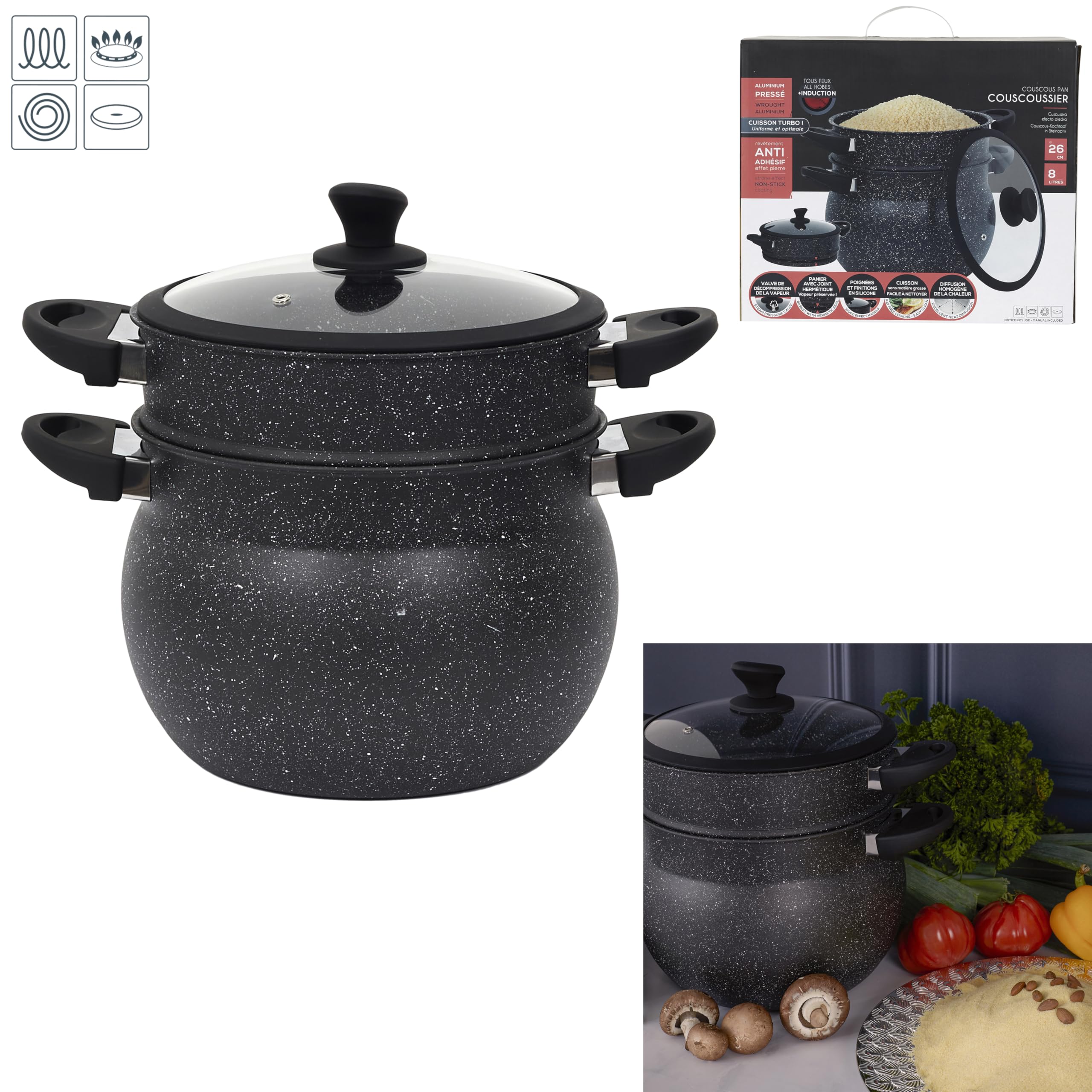 Cook Concept - Kc2548 - Couscoussier Effet Pierre D26 cm Cuisine Cuisson Poele et Casserole