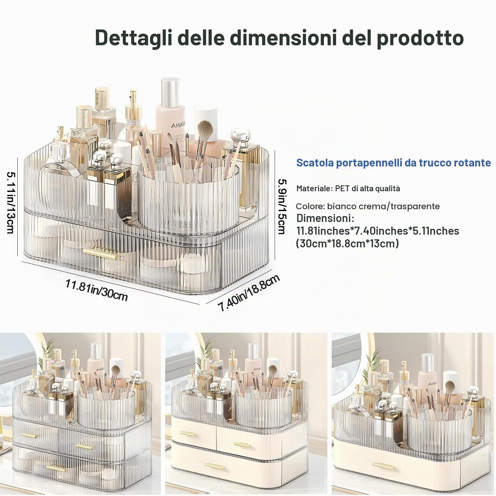 DASITON Organizer Trucchi con Cassetti, Porta Pennelli Make Up Girevole a 360°, Grande Capacità Make up Organizer per Cosmetici Impilabile, Porta Trucchi Organizer da Bagno e Toeletta (Trasparente 02)