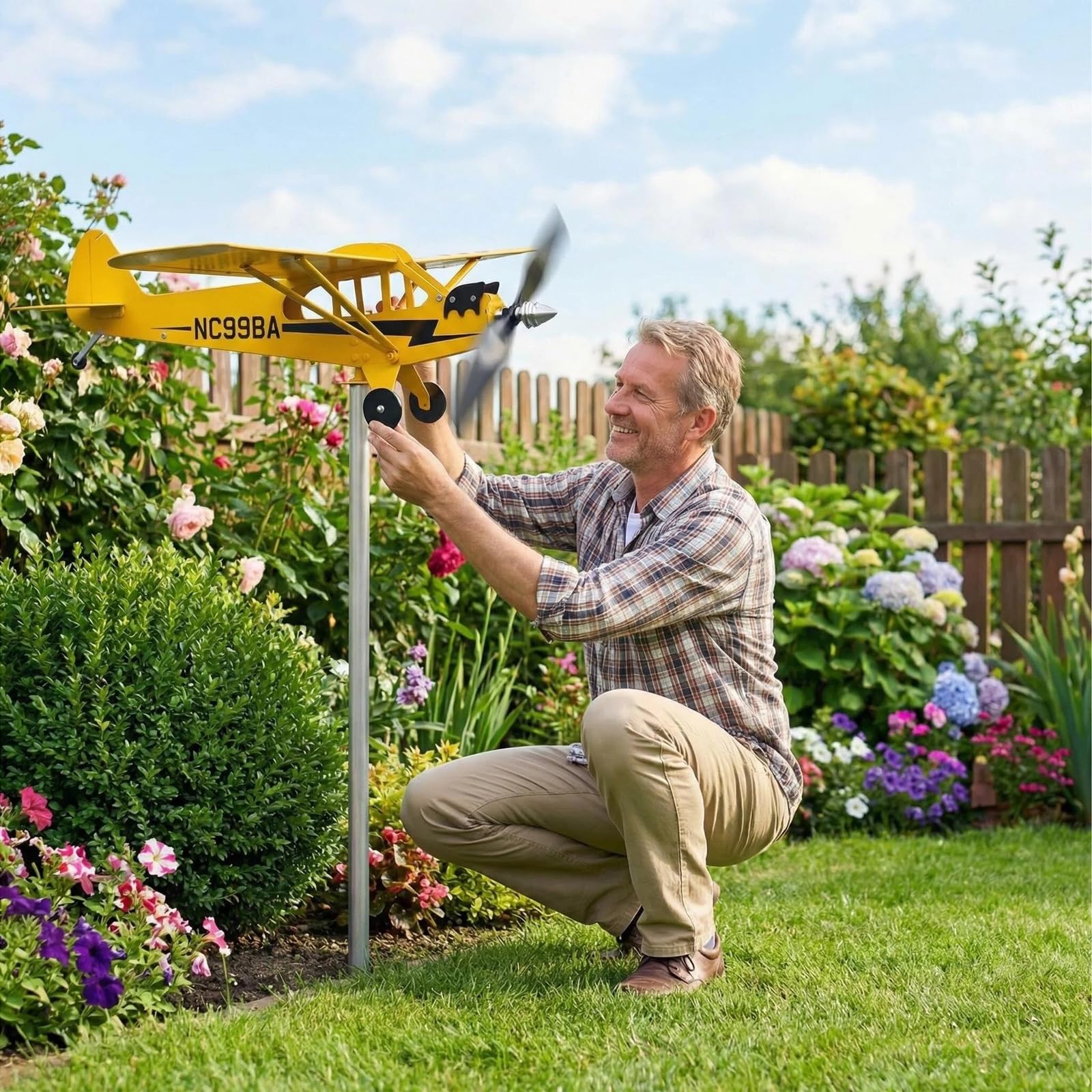 Scacciapensieri da giardino in metallo – girandola girevole per giardino e balcone, resistente alle intemperie con picchetto, decorazione da giardino mobile in metallo, design a doppio piano