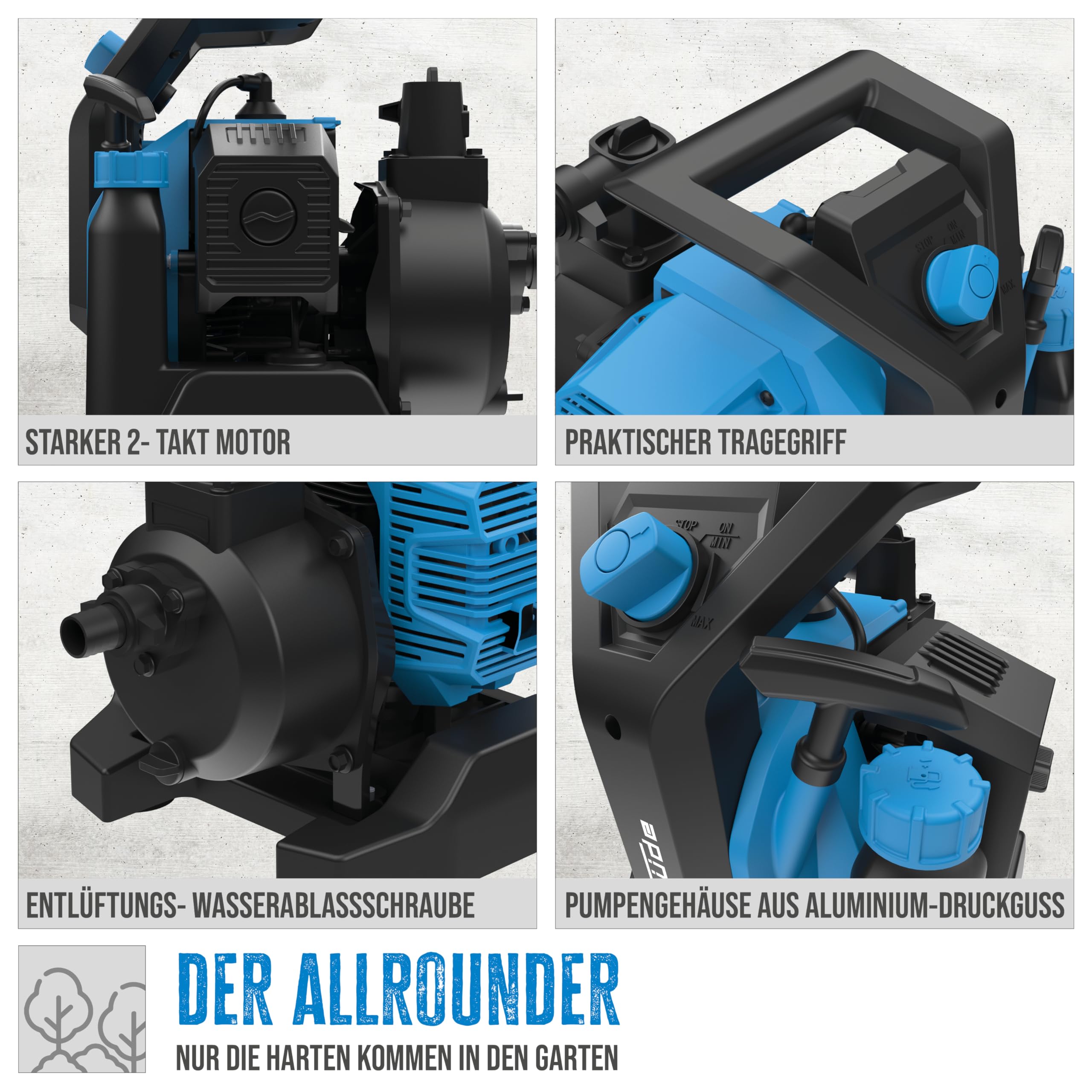 Güde Motorpumpe GMP 7.21 (2-Takt-Motor, 1,45/2 (kW/PS), 52 cm³ Hubraum, 7000 l/h Fördervolumen, 24 m max. Förderhöhe, 8 m max. Ansaughöhe, Pumpengehäuse und Laufrad aus Aluminium-Druckguss)