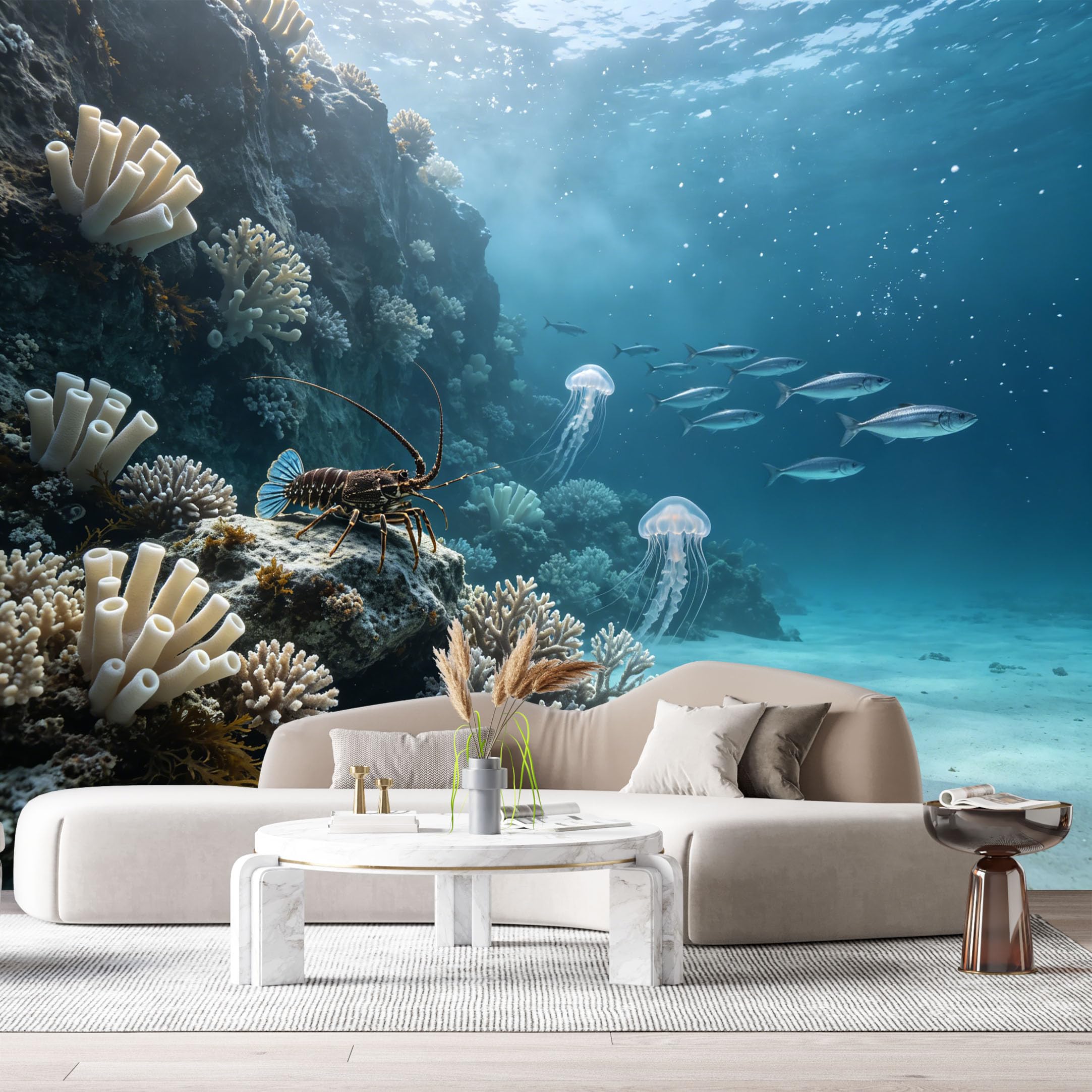 Custom Size Wall Murals Marine Ocean Underwater World Jellyfish Lobster Coral Reef 3D SelfAdhesiveWall Fabric Removable Wallpaper Wall Decor for Living Room Bedroom Bathroom