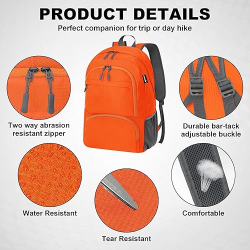 Miniatura 4 de HOLYLUCK Mochila plegable de senderismo ligera de 20L para hombres y mujeres, bolsa de hombro plegable al aire libre para viajes pequeños, naranja