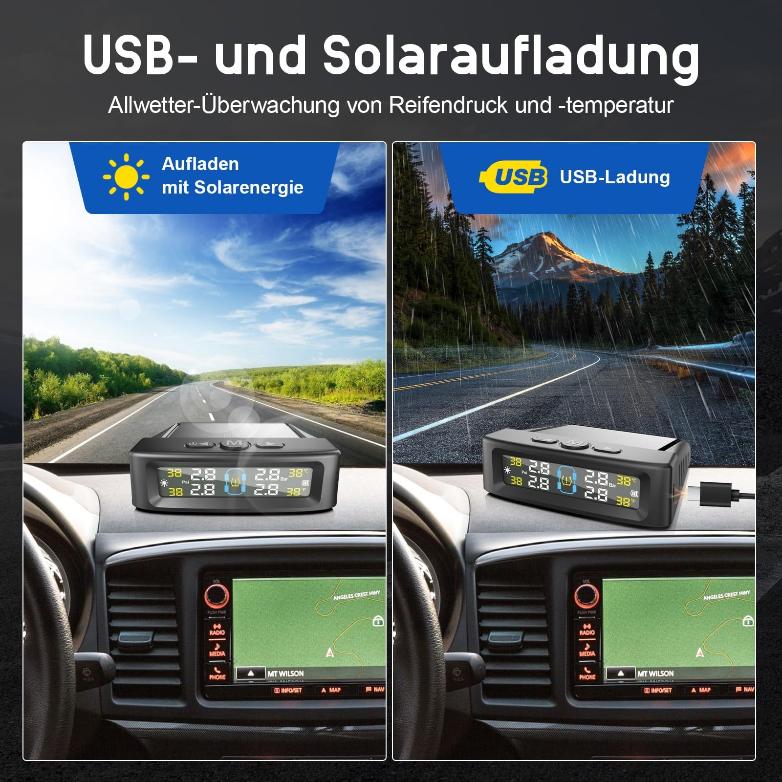 1 Set Reifendruckkontrollsystem für Skoda Karoq 2021-2024, Solar Funk RDKS Reifendruckmesser LCD Display Auto Reifen Sensor Warnung Alarmsystem