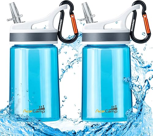AceCamp Paquete de 2 botellas de agua para niños con popote para la escuela, niños y niñas, botella de agua pequeña de 12 onzas con clip Tritan sin