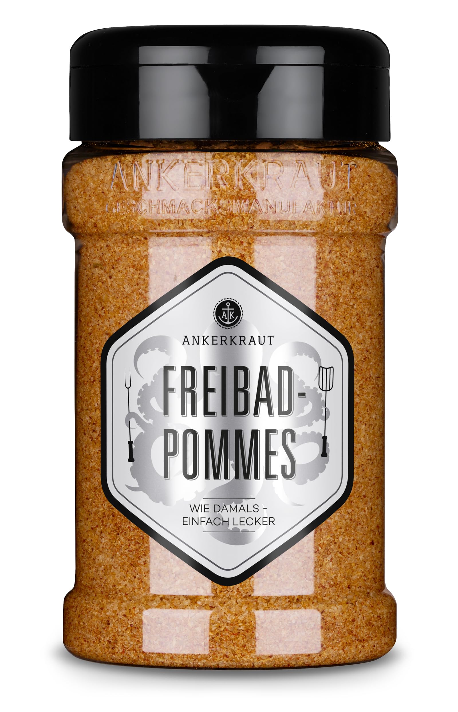 Ankerkraut Freibad Pommes, Mischung würzender Zutaten für Pommes Frites wie vom Freibad-Kiosk, Gewürzsalz, Pommesgenuss zu Hause, 320 g im Streuer